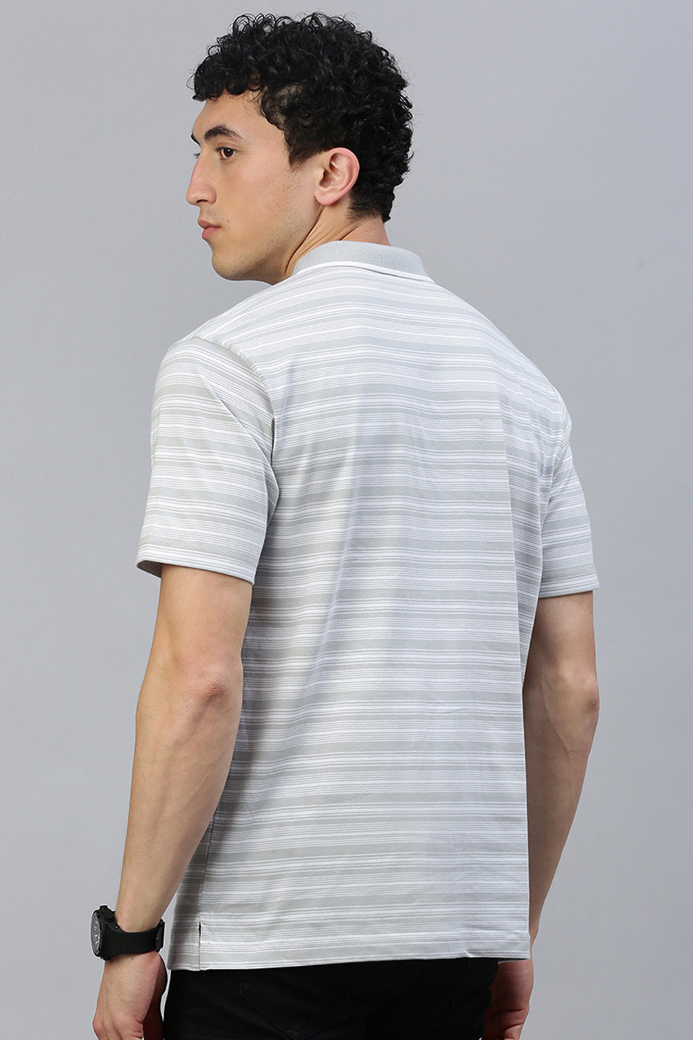 Classic Polo Men's Half Sleeve Grey/White Polo Neck Authentic Fit Striped T-Shirt | FEEDERS - 278 A AF P