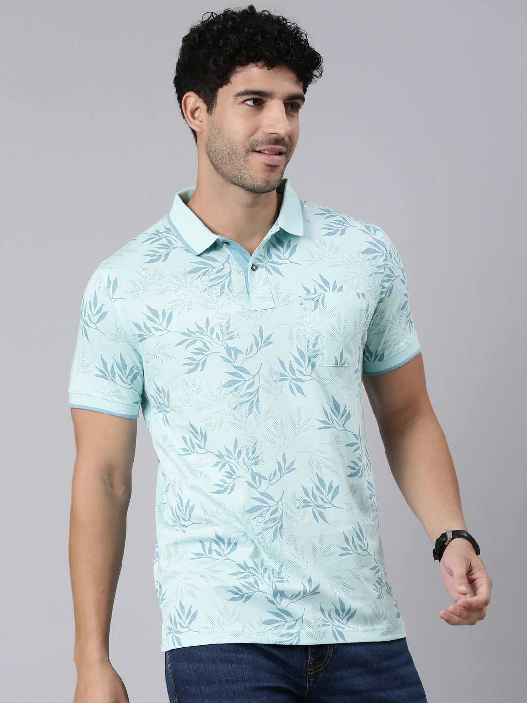 Classic Polo Men's Half Sleeve Light Green Polo Neck Slim Fit All-Over Print Cotton T-Shirt | BELLO - 398 B SF P