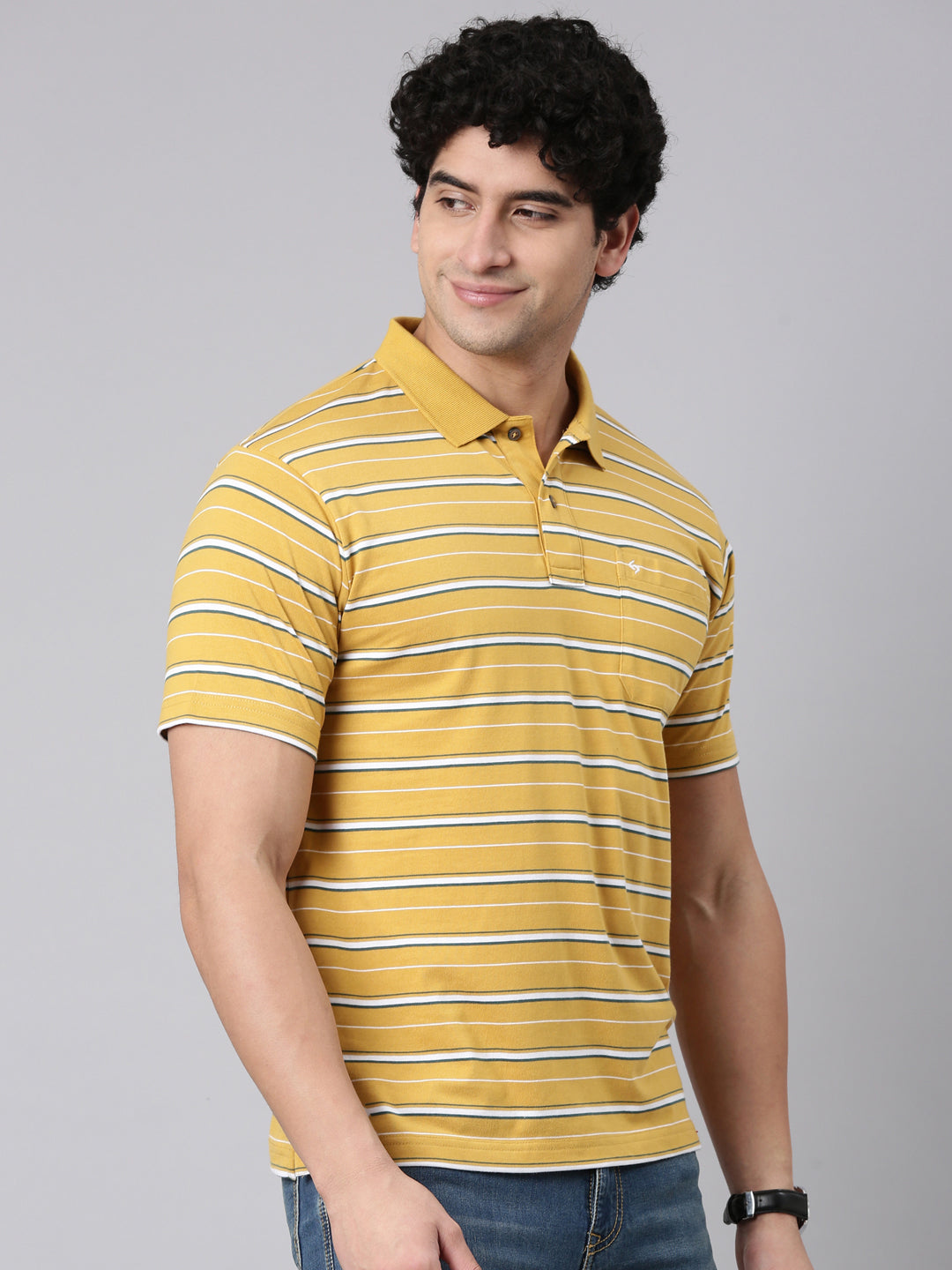 Classic Polo Men's Half Sleeve Mustard Yellow Polo Neck Authentic Fit Striped Cotton Blend T-Shirt | FEEDERS - 307 A AF P