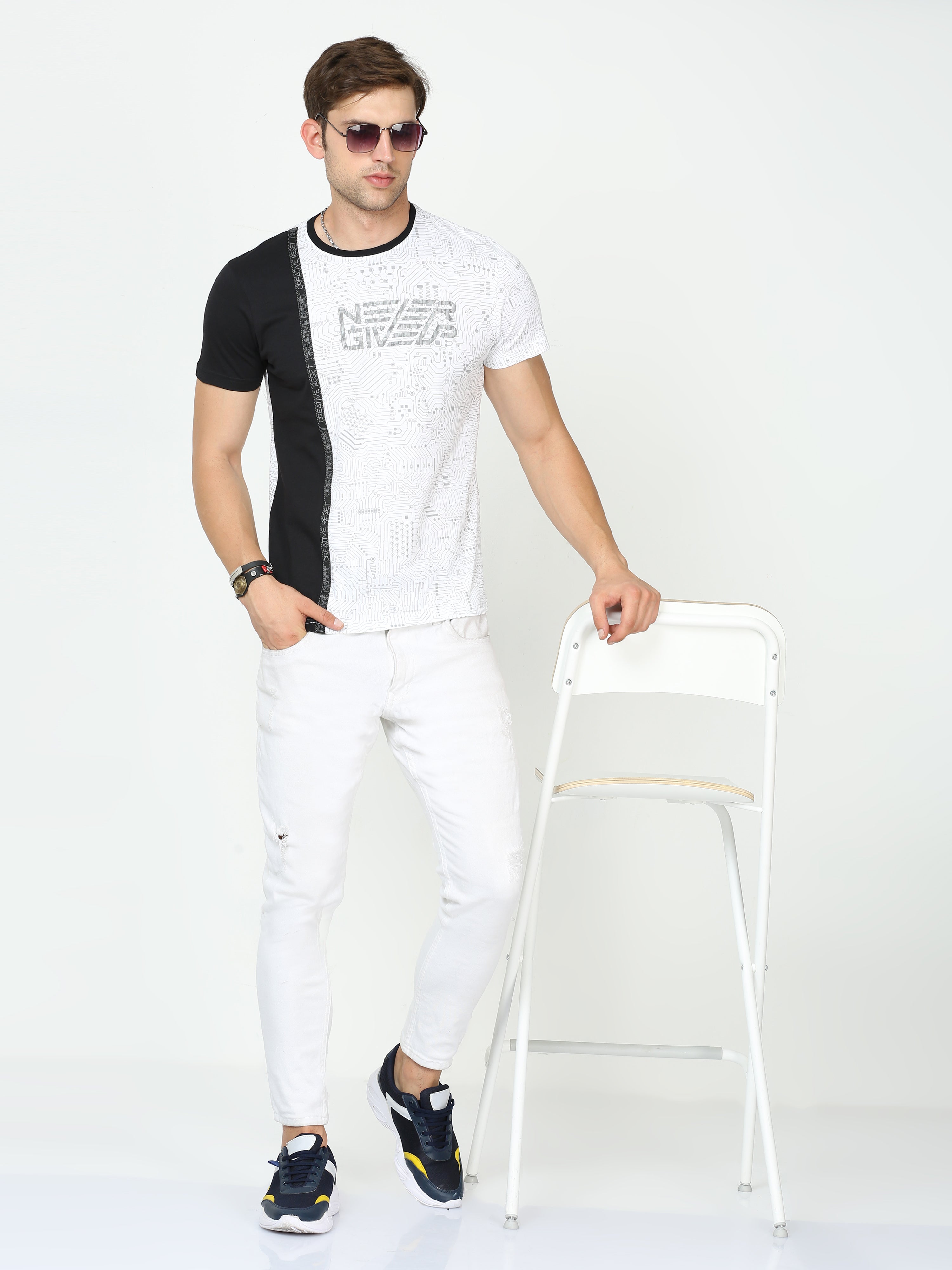 Classic Polo Mens Cotton Half Sleeves Colour Blocked Slim Fit Crew Neck White Color T-Shirt | Brcn - 553 A Sf C
