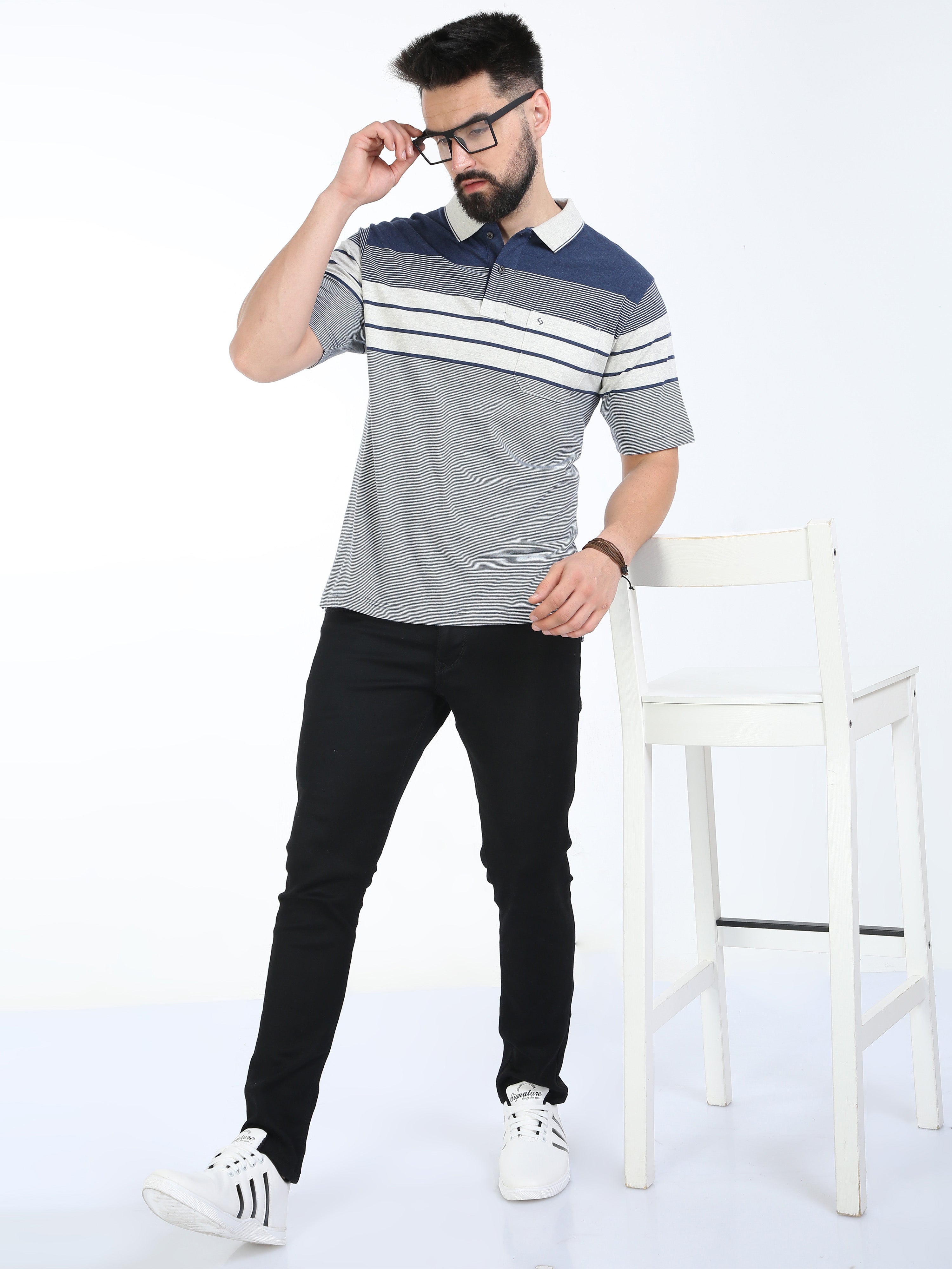 Classic Polo Mens Cotton Half Sleeves Striped Authentic Fit Polo Neck Navy Color T-Shirt | Mel - 242 A Af P
