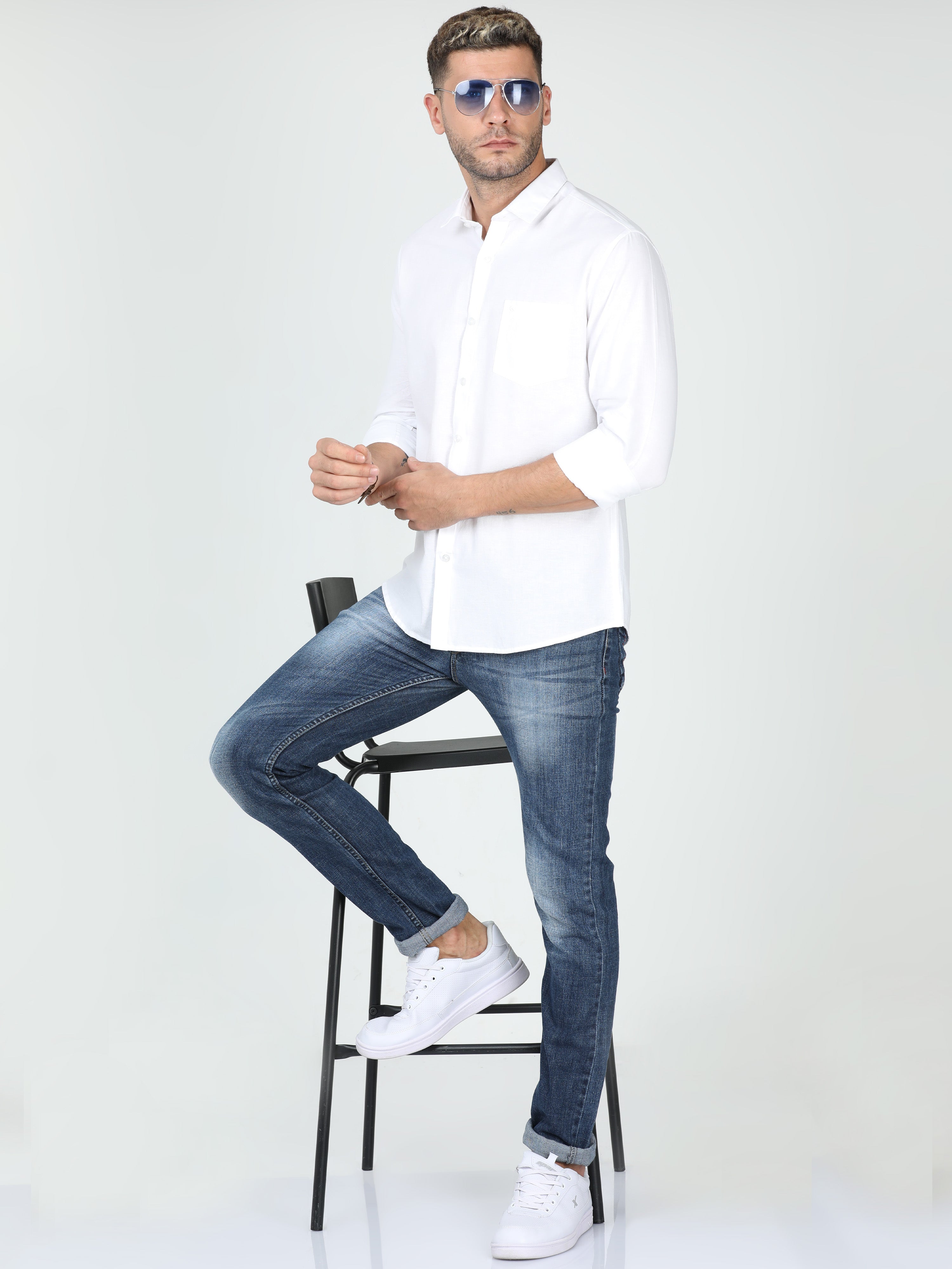Classic Polo Mens Linen Cotton Full Sleeve Slim Fit Polo Neck White Color Woven Shirt | Linen - 12 A-FS-SLD-SF