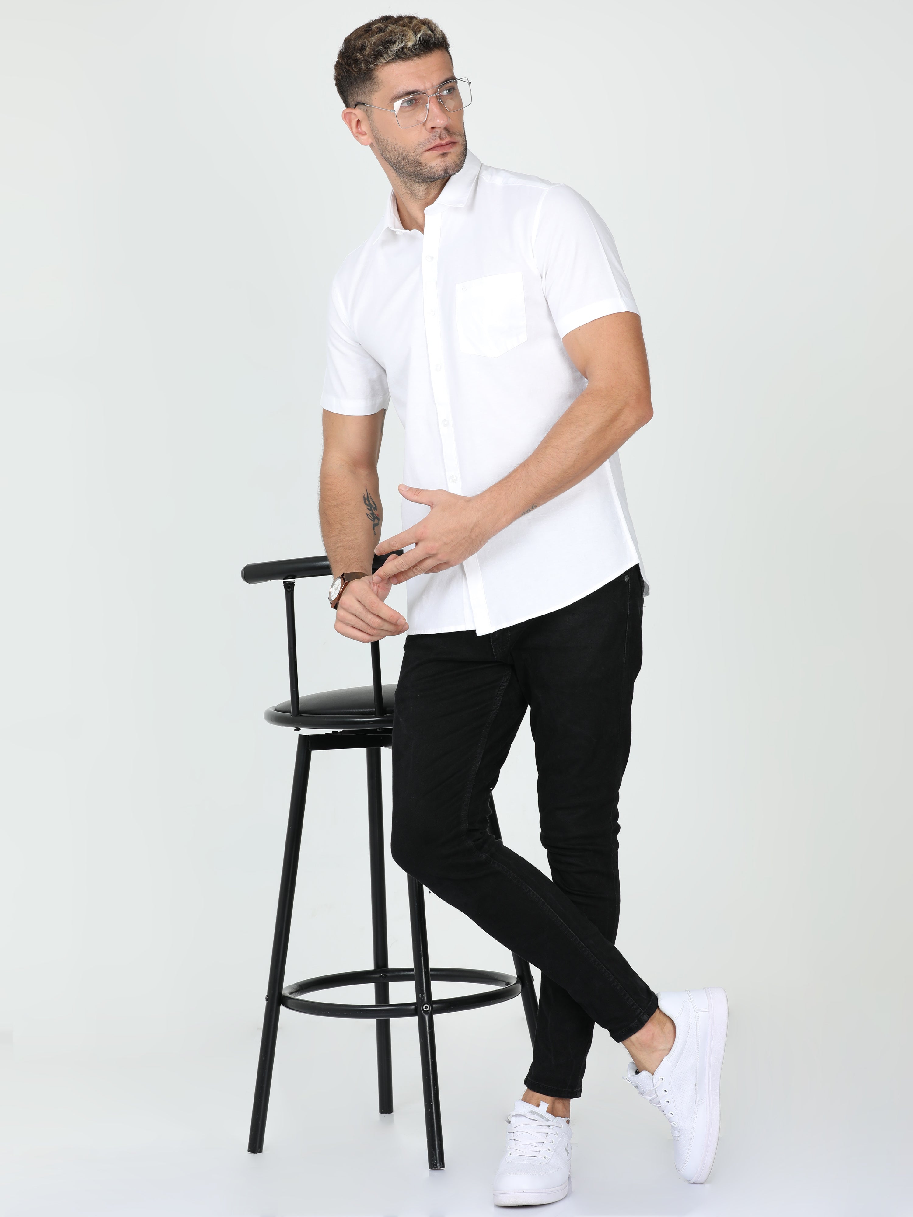 Classic Polo Mens Linen Cotton Half Sleeve Slim Fit Polo Neck White Color Woven Shirt | Linen - 12 A-HS-SLD-SF