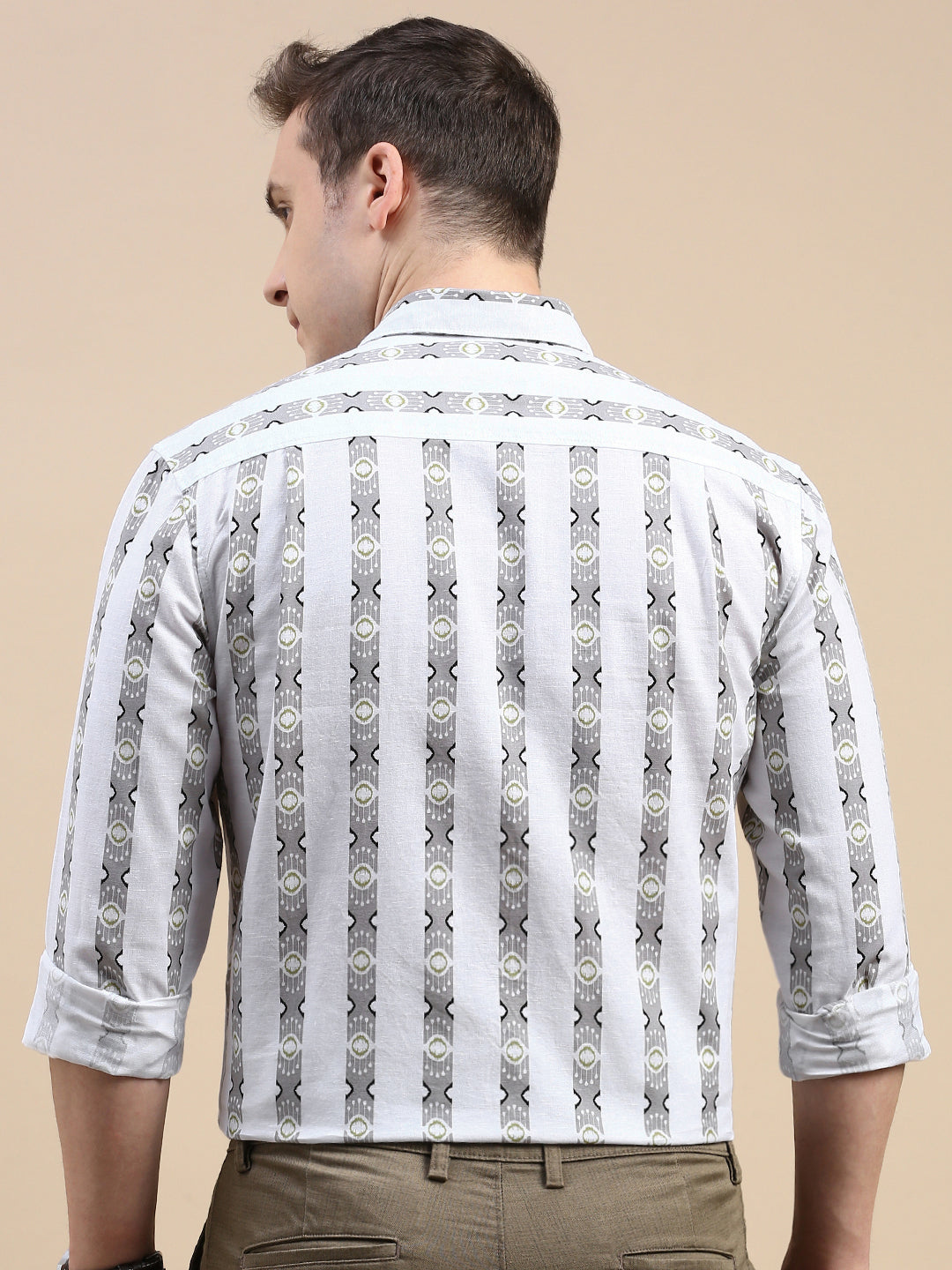 Classic Polo Men's Polo Neck Cotton Linen White/Grey Slim Fit Striped Shirt | LINEN-37B-FS-PRT-SF