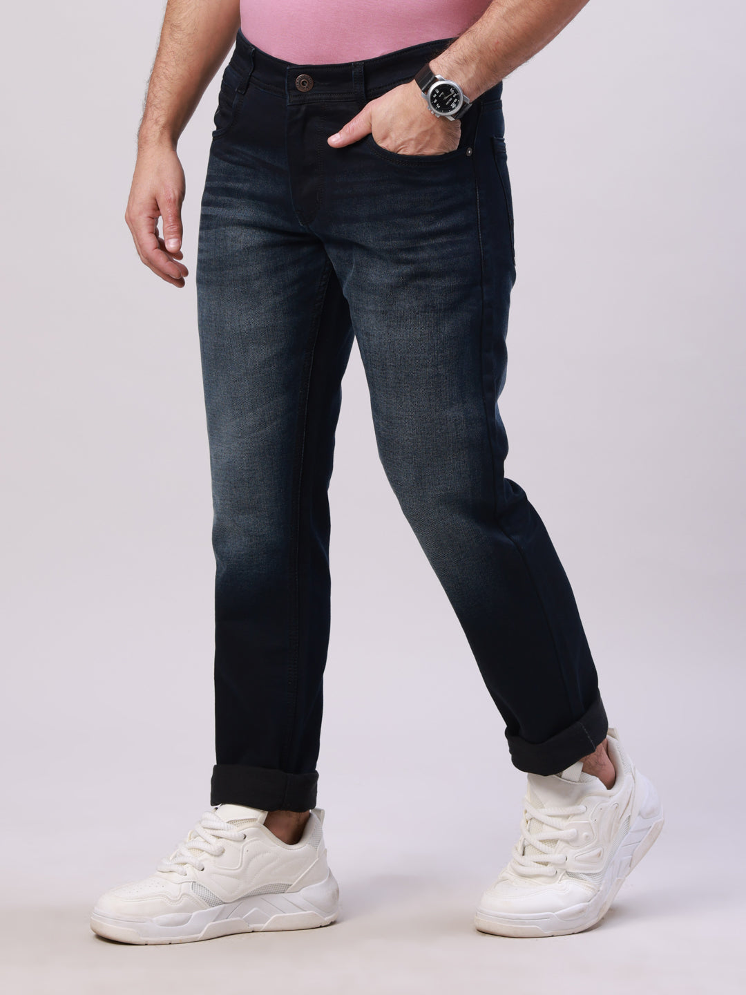 Classic Polo Men's Dark Navy Blue Solid Cotton Slim Fit Jeans | LDMQ2-08-D.NVY-SF