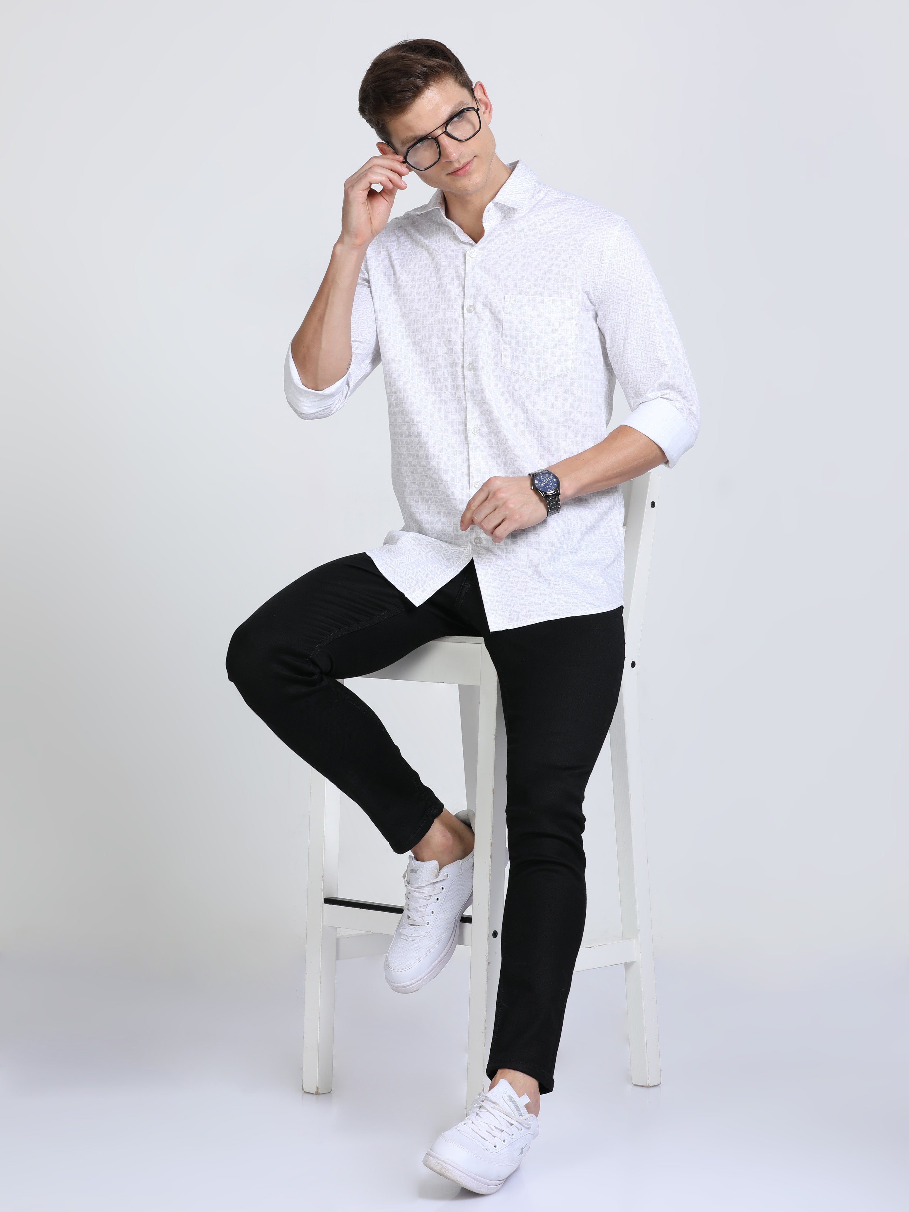 Classic Polo Mens Pure Cotton Full Sleeves Printed Slim Fit Polo Neck White Color Woven Shirt | So2-161 A-Fs-Prt-Sf