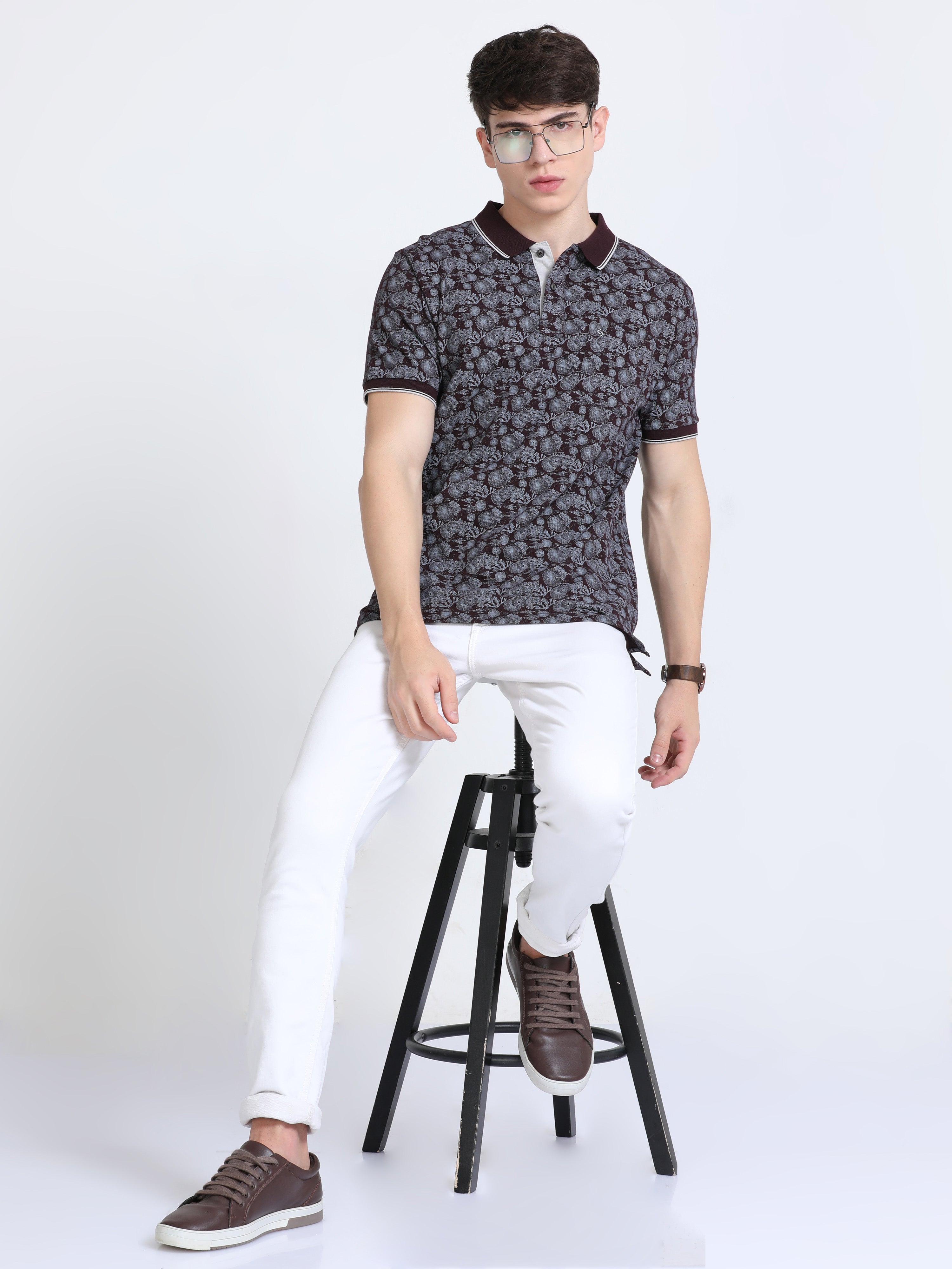 Classic Polo Mens Pure Cotton Half Sleeves Floral Slim Fit Polo Neck Black Color T-Shirt | Beau - 219 B Sf P