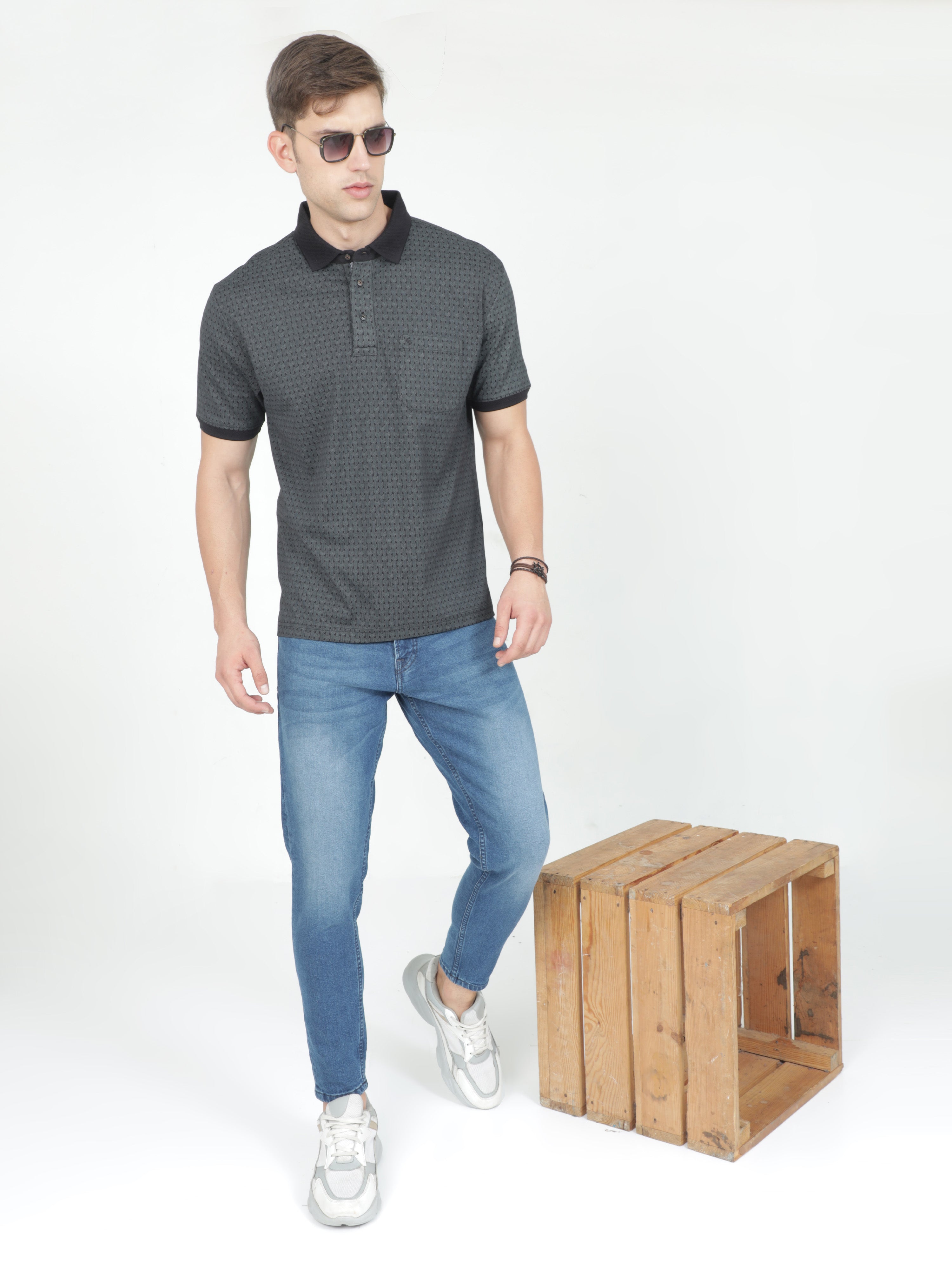 Classic Polo Mens Cotton Half Sleeves Floral Authentic Fit Polo Neck Black Color T-Shirt | Swank - 06 B Af P