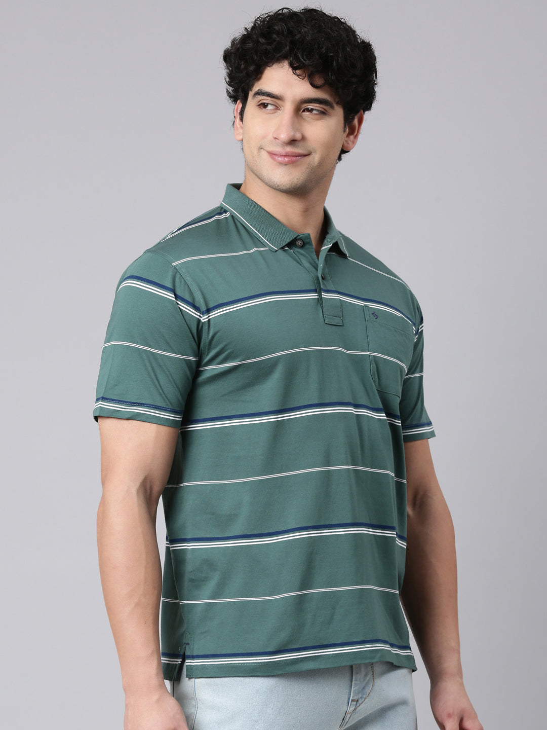 Classic Polo Men's Half Sleeve Dark Green Polo Neck Authentic Fit Striped Cotton T-Shirt | AP - 154 B AF P
