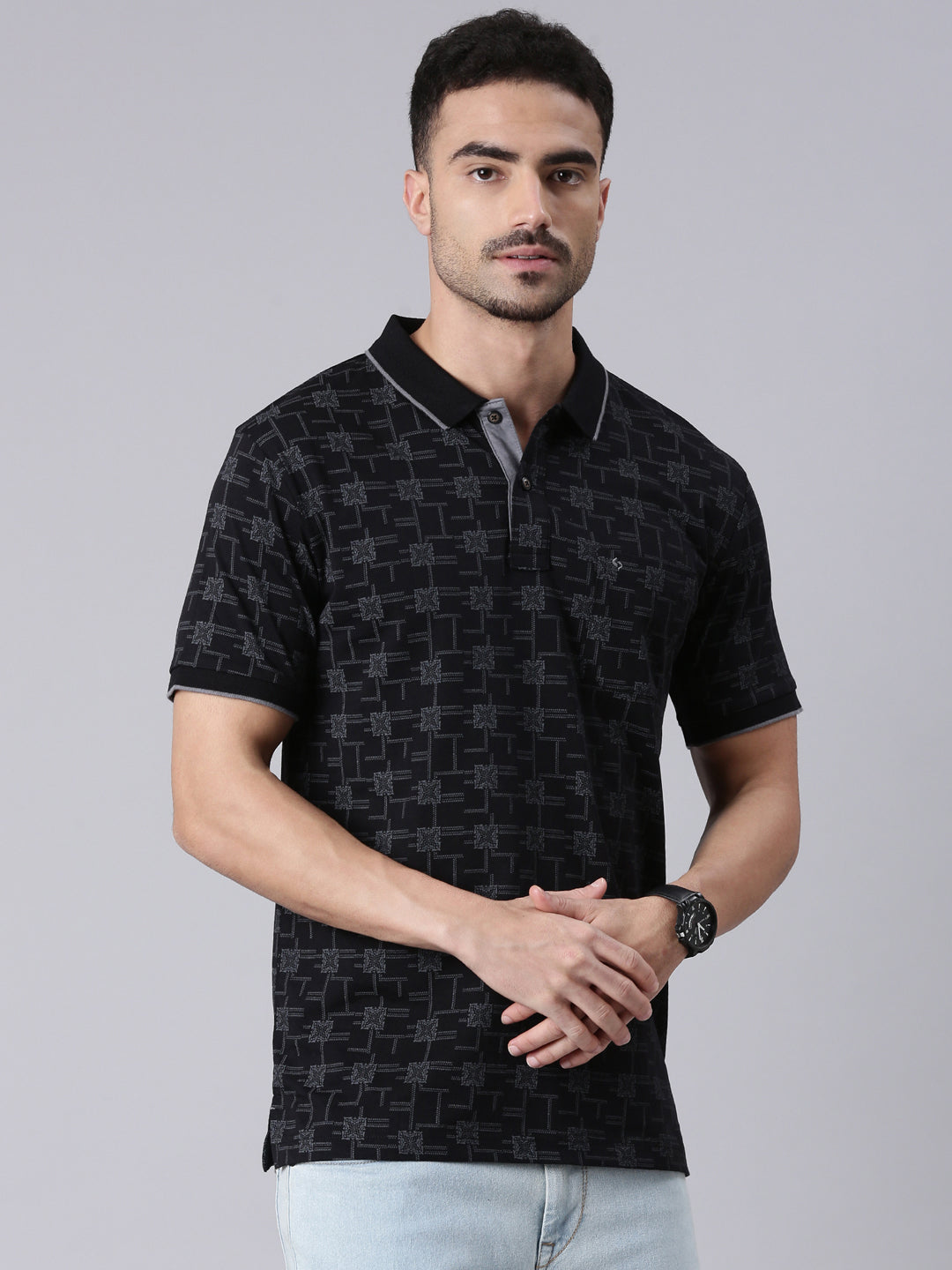 Classic Polo Men's Half Sleeve Black/Grey Polo Neck Slim Fit All Over Print Cotton T-Shirt | BELLO - 324 A SF P