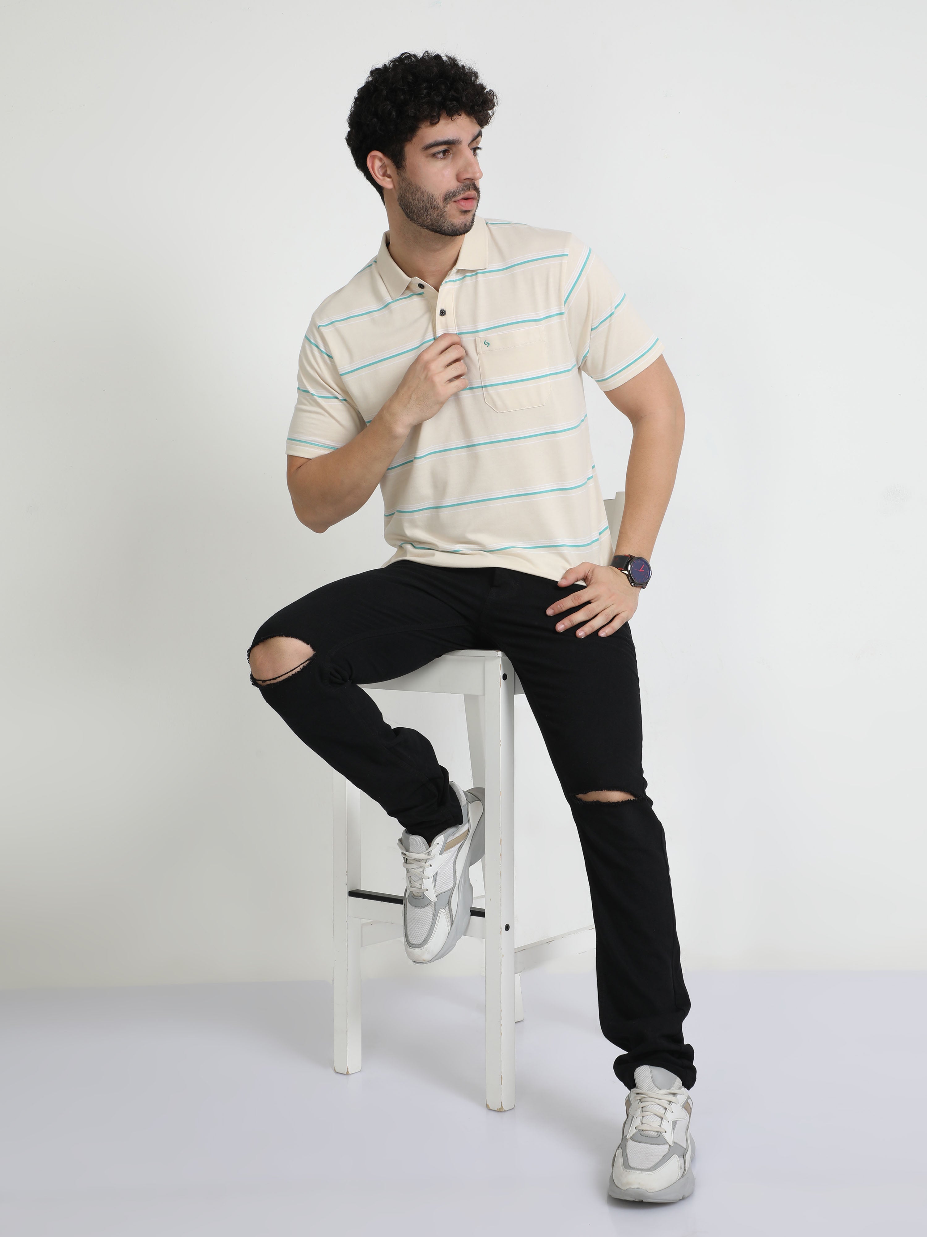 Classic Polo Mens Cotton Half Sleeves Striped Authentic Fit Polo Neck Cream Color T-Shirt | Avon - 538 A Af P