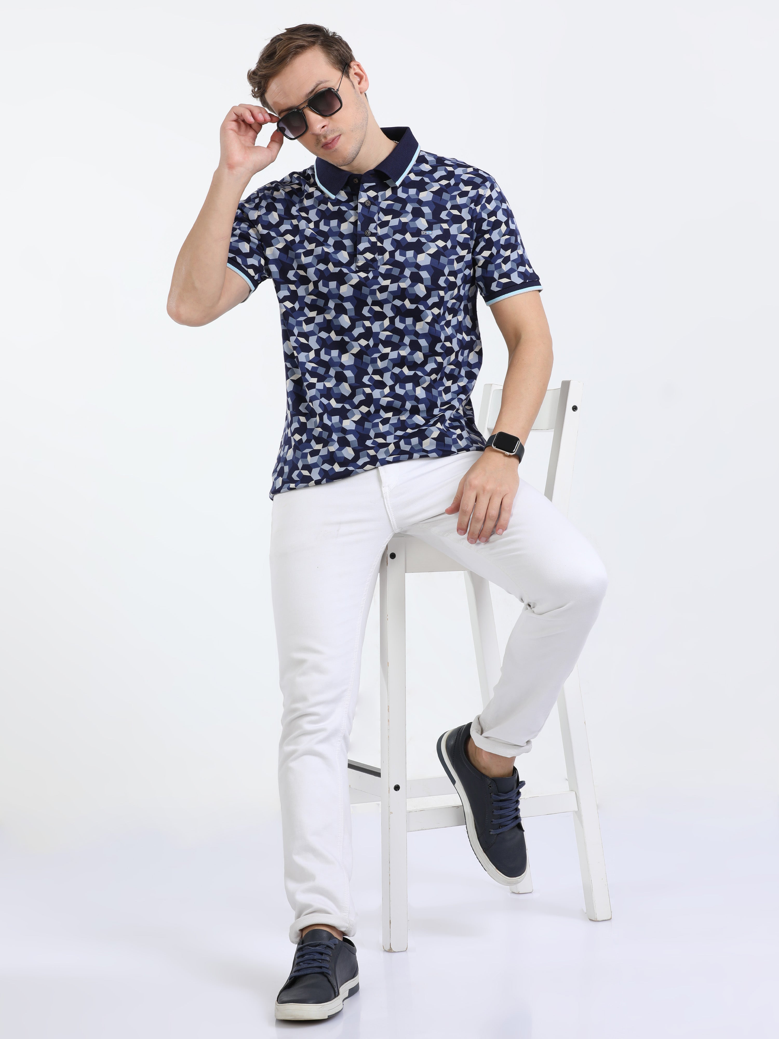 Classic Polo Mens Cotton Half Sleeves Floral Slim Fit Polo Neck Navy Color T-Shirt | Prm - 790 A Sf P