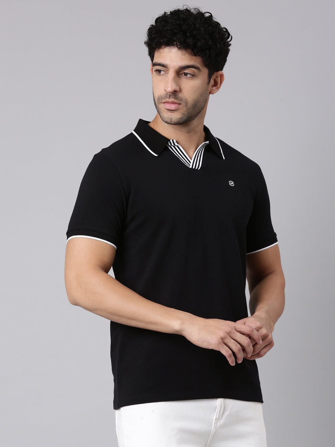 Classic Polo Men's Half Sleeve Black Polo Neck Slim Fit Solid Cotton Blend T-Shirt | RAVE POLO - 03 A SF P