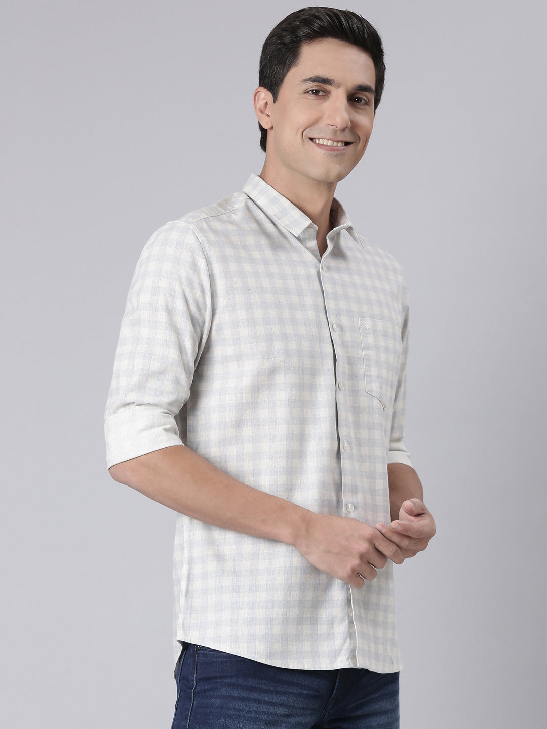 Classic Polo Men's Grey/White Polo Neck Printed Cotton Slim Fit Woven Shirt | LSHQ2-98 B-FS-PRT-SF