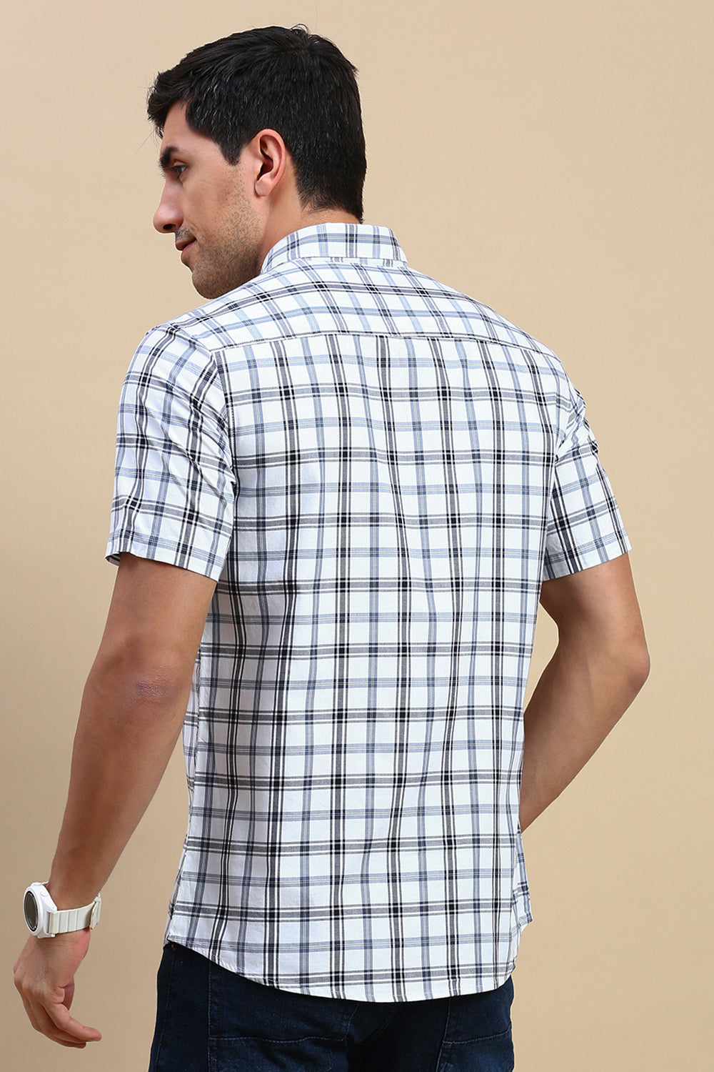 Classic Polo Men's Half Sleeve White/Black Polo Neck Slim Fit Checked Shirt | SP2-CL-76 A-HS-CHK-SF