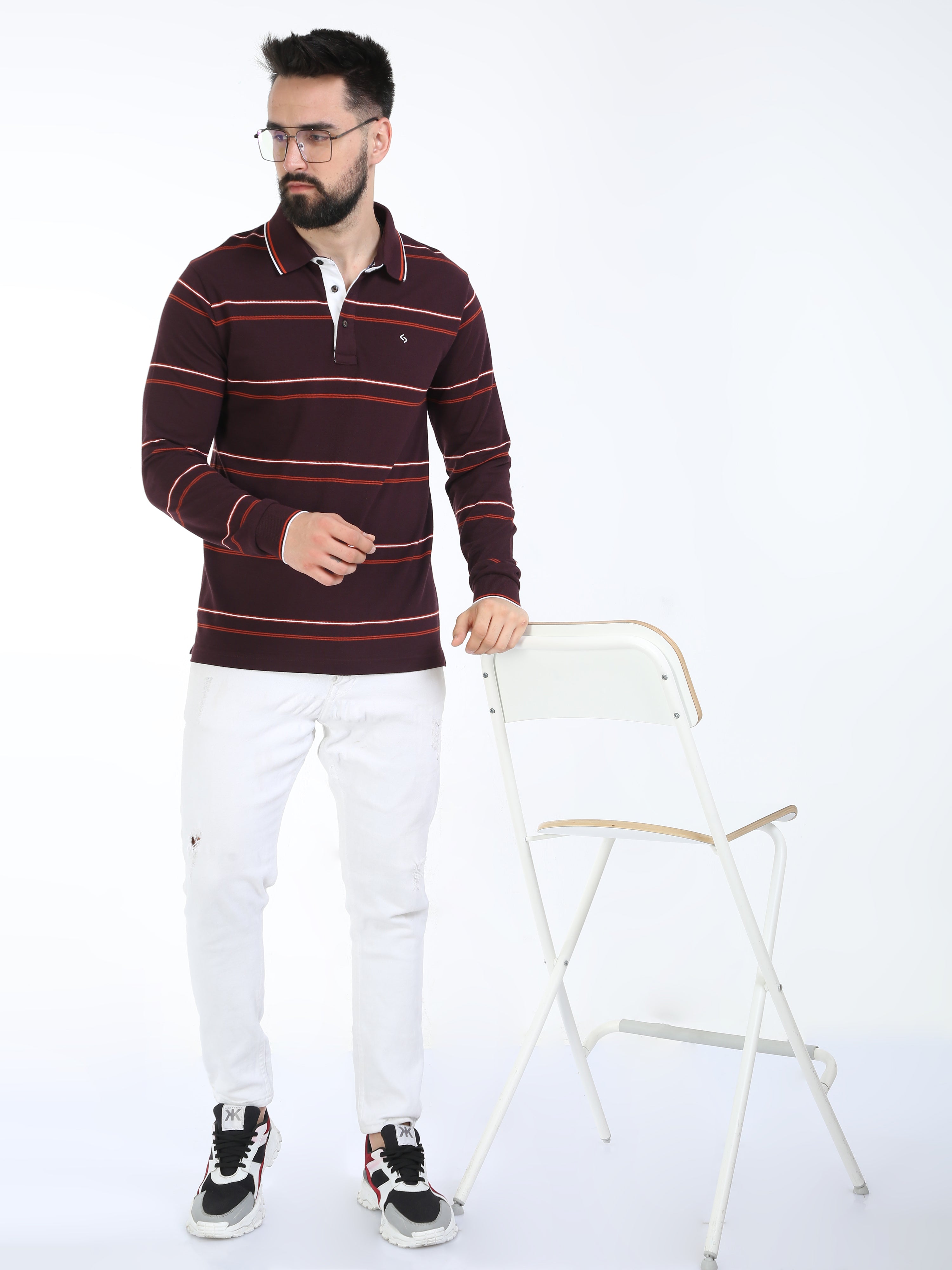 Classic Polo Mens Cotton Full Sleeve Striped Slim Fit Polo Neck Maroon Color T-Shirt | Verno - 333 B Sf P