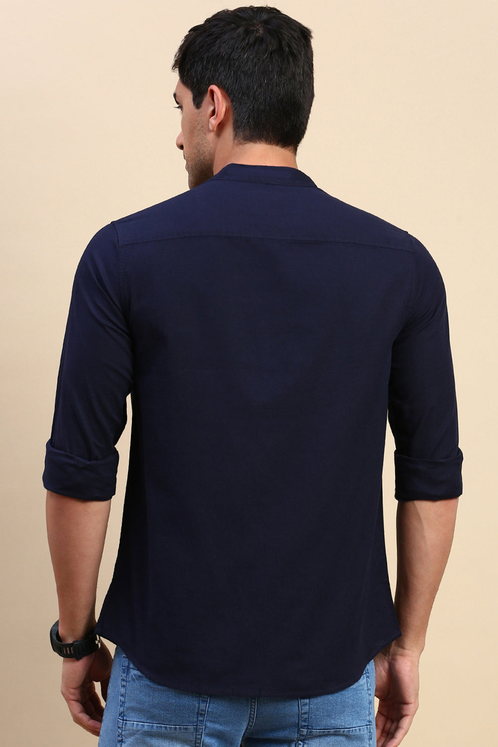 Classic Polo Men's Full Sleeve Navy Mandarin Neck Slim Fit Solid Woven Shirt | SQ1-EL-43 B-FS-SLD-SF