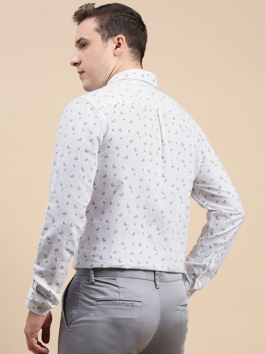 Classic Polo Men's Polo Neck Cotton Linen White/Grey Slim Fit Printed Shirt | LINEN-32B-FS-PRT-SF