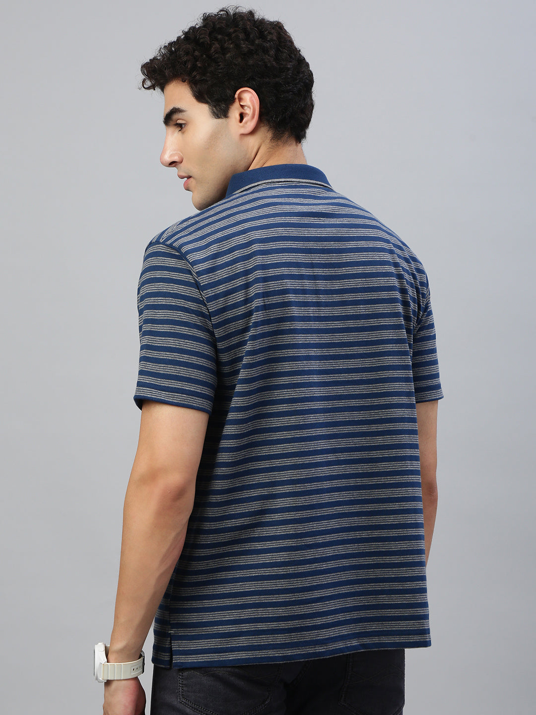 Classic Polo Men's Half Sleeve Navy Blue/Grey Polo Neck Authentic Fit Striped T-Shirt||FEEDERS - 279 A AF P