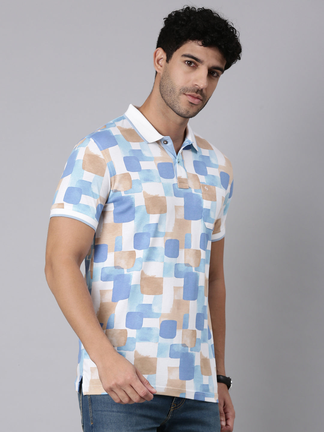 Classic Polo Men's Half Sleeve Multicolor Polo Neck Slim Fit All-Over Print Cotton T-Shirt | BELLO - 381 A SF P