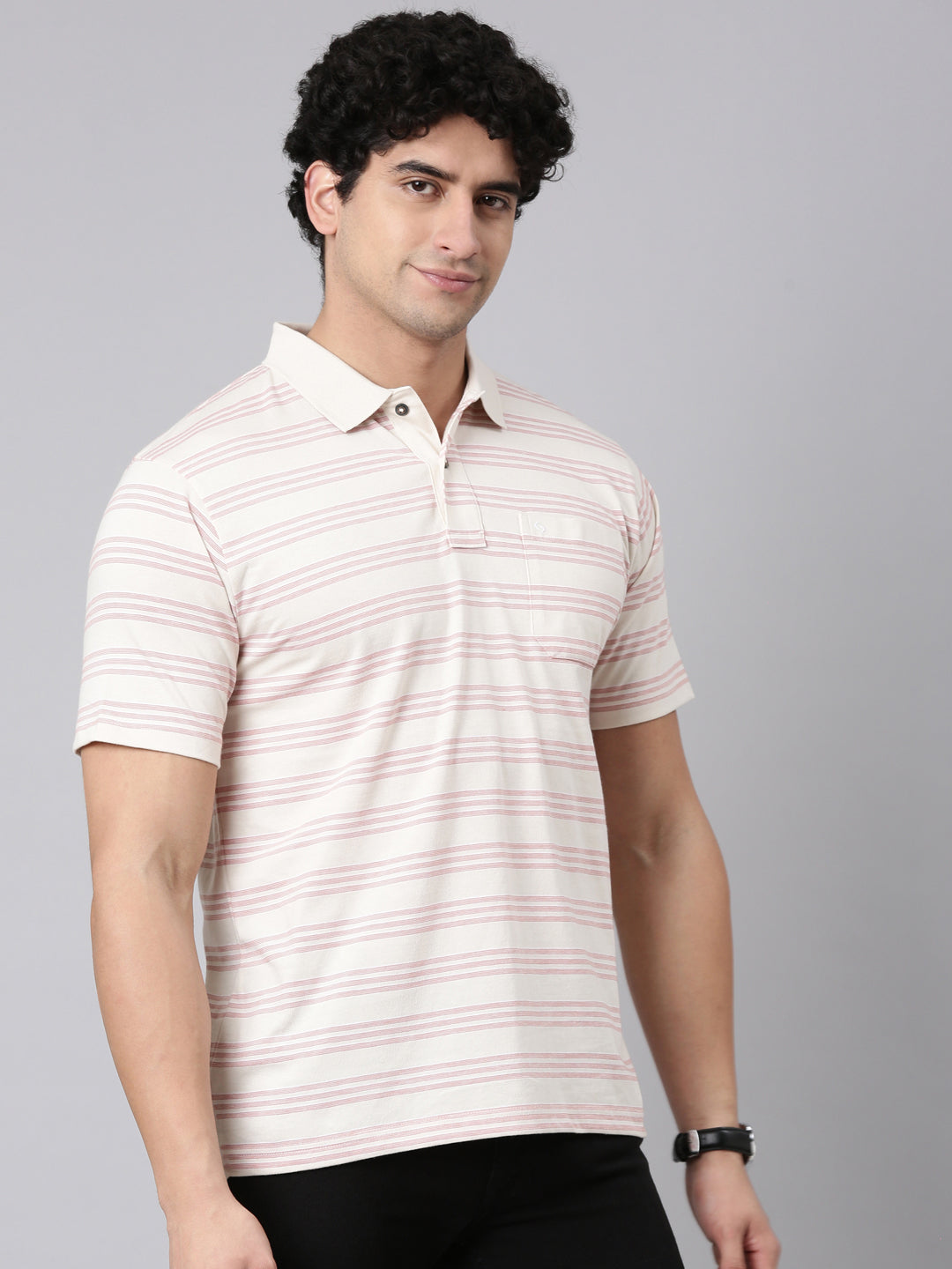 Classic Polo Men's Half Sleeve Beige Polo Neck Authentic Fit Striped Cotton Blend T-Shirt | AVON - 656 A AF P