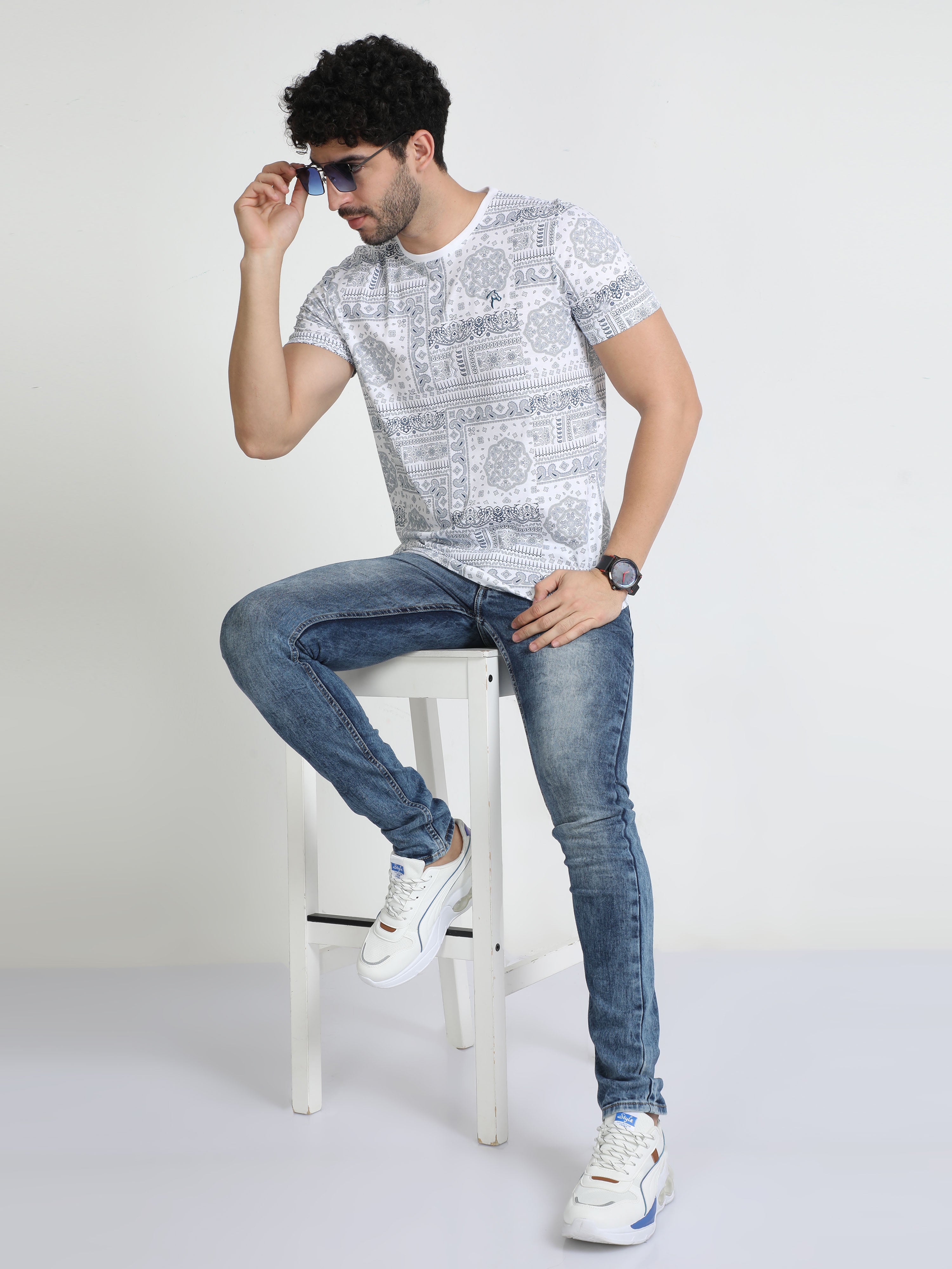 Classic Polo Mens Cotton Half Sleeves Floral Slim Fit Crew Neck White Color T-Shirt | Brcn - 554 A Sf C