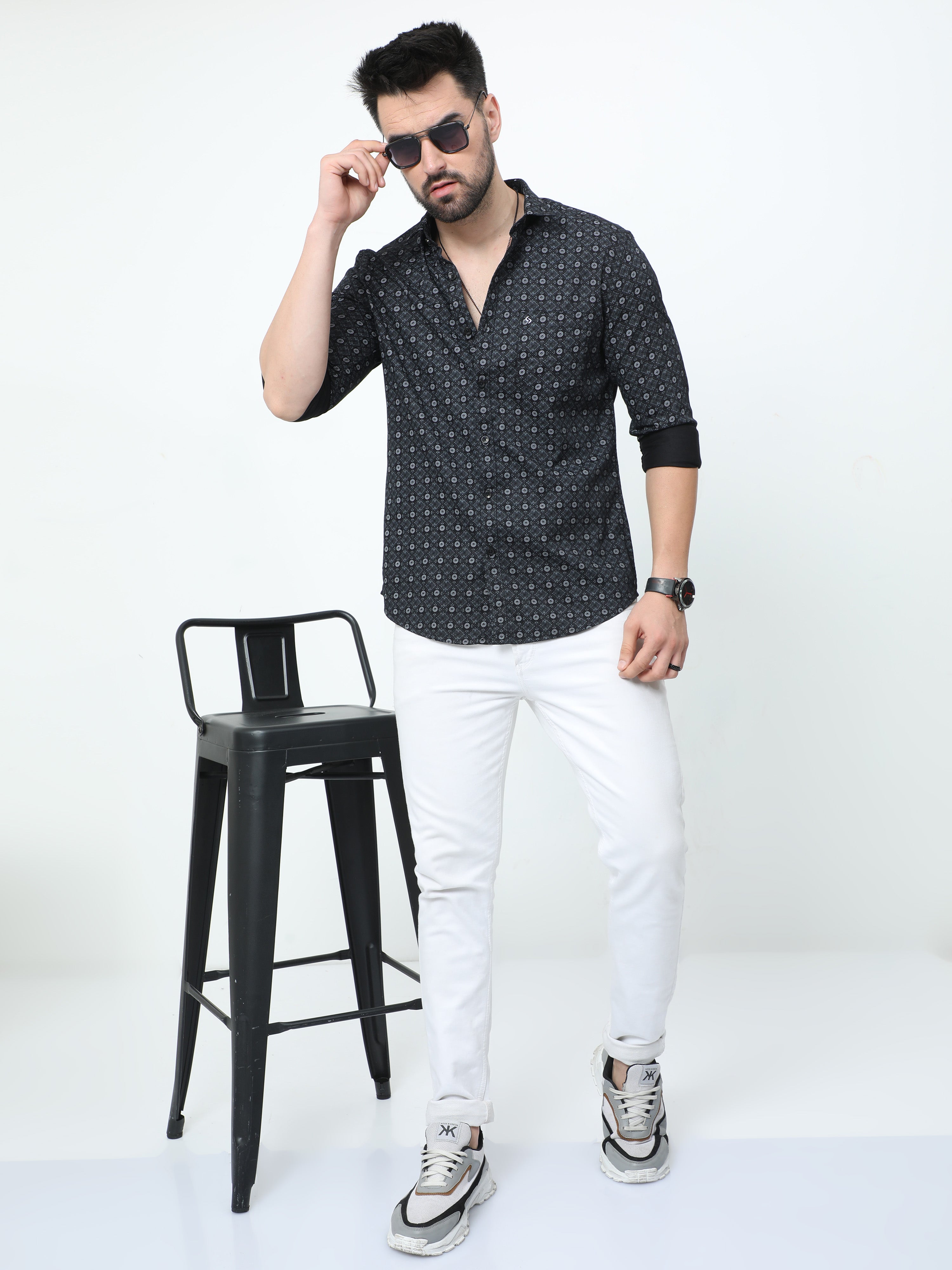 Classic Polo Mens Pure Cotton Full Sleeves Printed Slim Fit Polo Neck Black Color Woven Shirt | So2-170 B-Fs-Prt-Sf