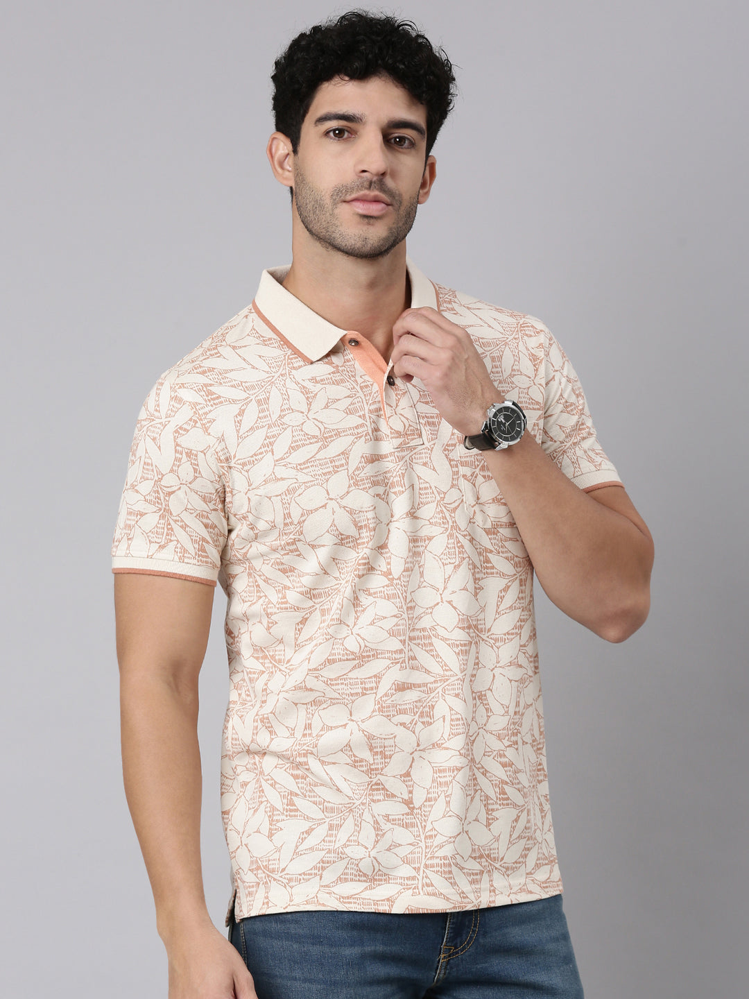Classic Polo Men's Half Sleeve White/Peach Polo Neck Slim Fit All-Over Print Cotton T-Shirt | BEAU - 311 B SF P