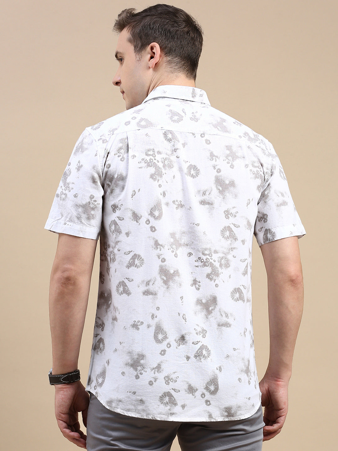 Classic Polo Men's Polo Neck Cotton Linen White/Grey Slim Fit Printed Shirt | LINEN-28B-HS-PRT-SF