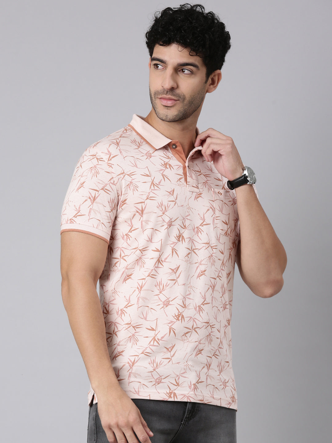 Classic Polo Men's Half Sleeve Peach Polo Neck Slim Fit All-Over Print Cotton T-Shirt | BELLO - 417 B SF P