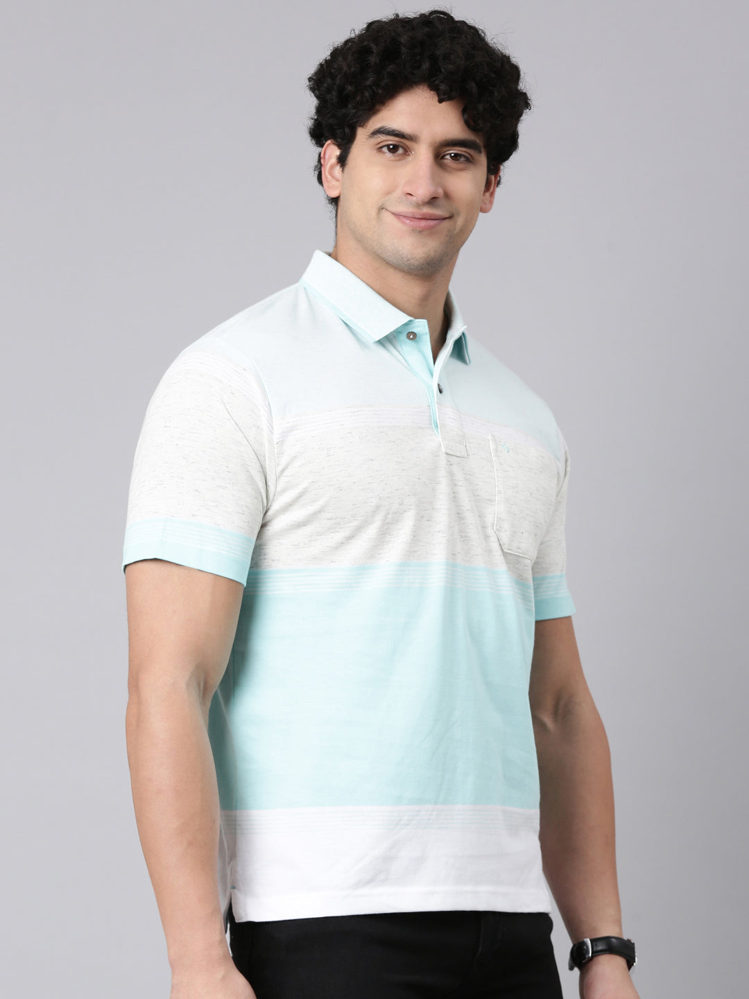 Classic Polo Men's Half Sleeve Light Blue/Grey Polo Neck Authentic Fit Colorblock Cotton Blend T-Shirt | MEL - 288 A AF P