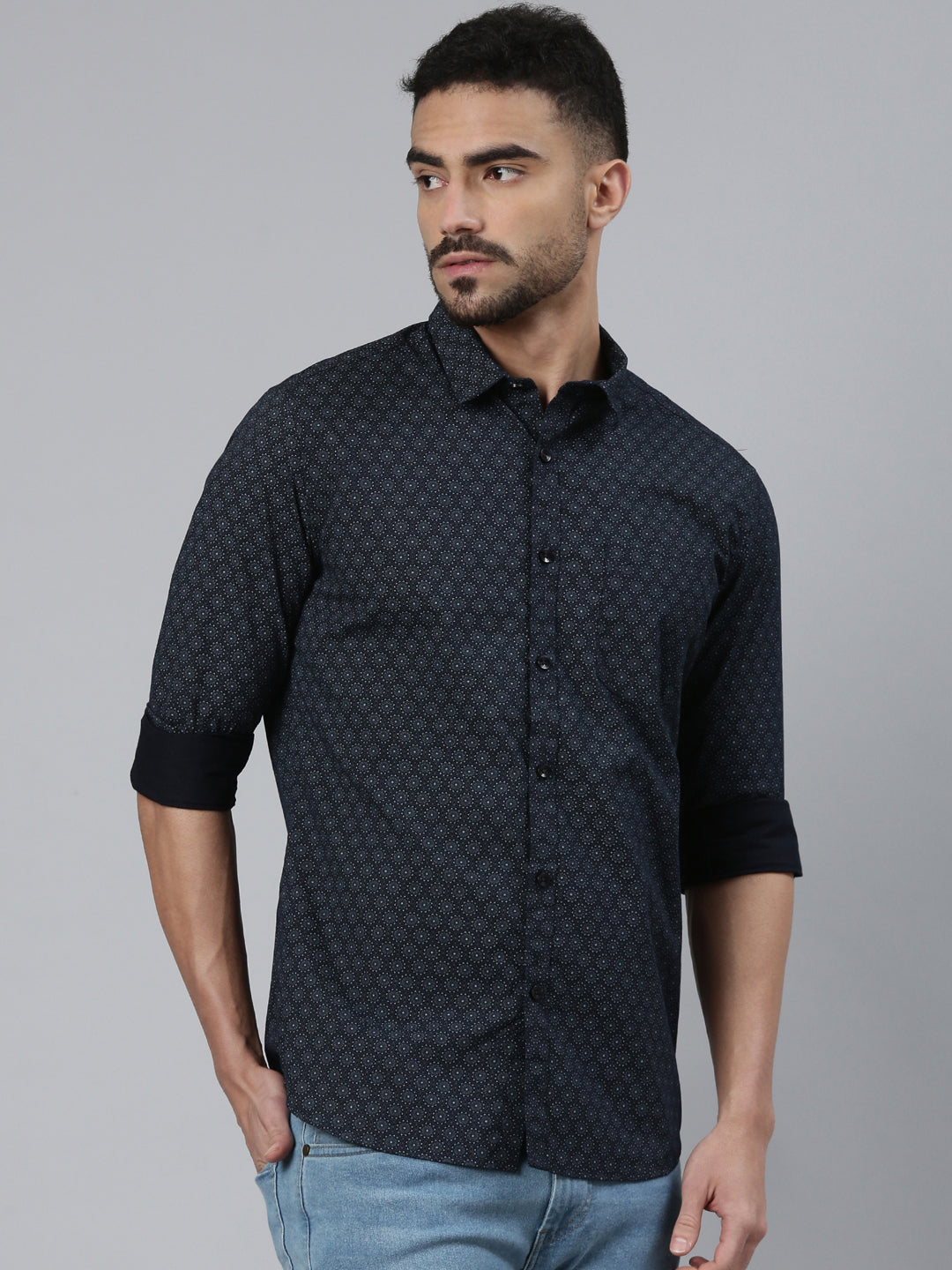 Classic Polo Men's Black Polo Neck Printed Cotton Slim Fit Woven Shirt | SQ2-CL-68 A-FS-PRT-SF