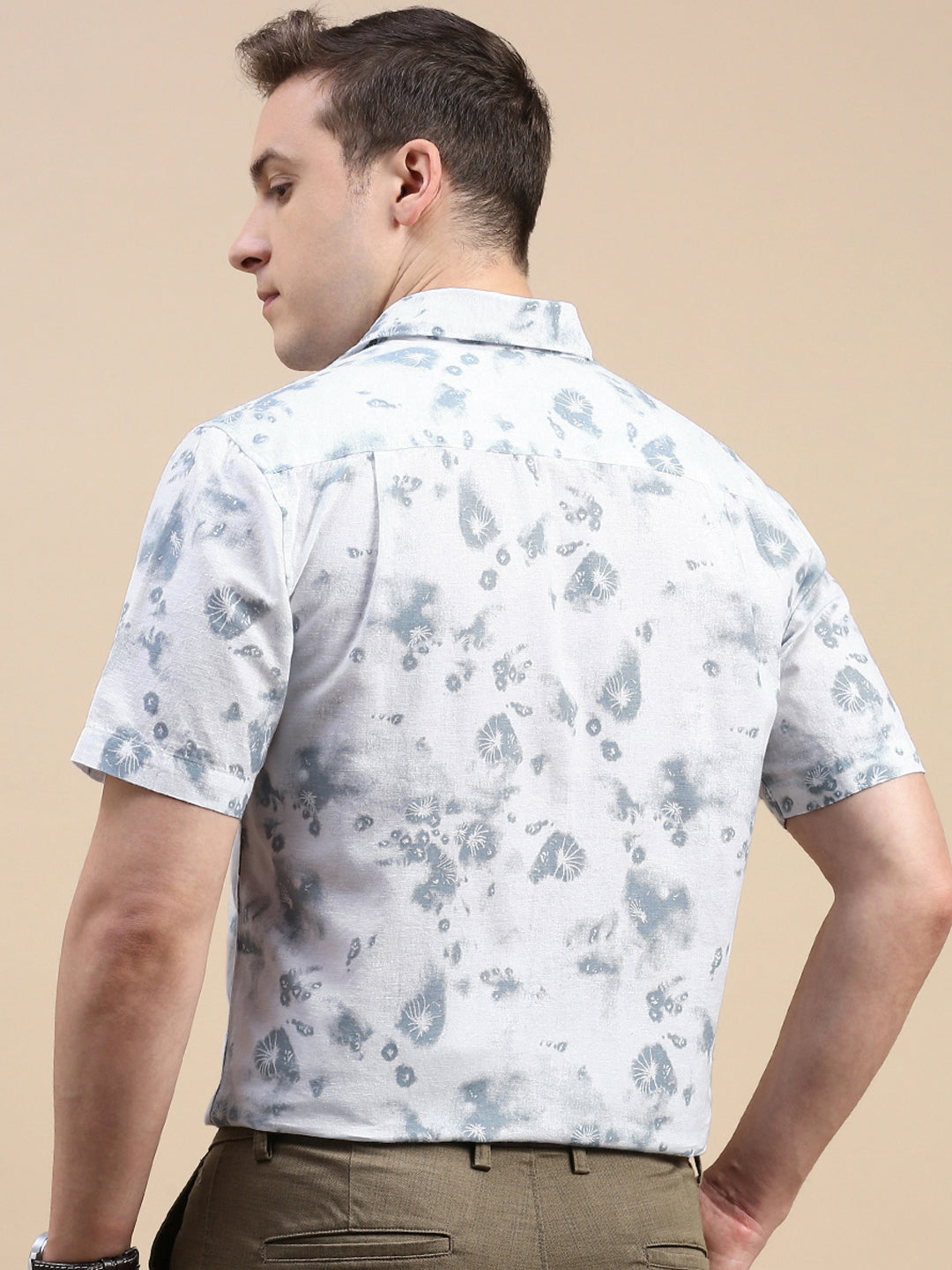 Classic Polo Men's Polo Neck Cotton Linen White/Blue Slim Fit Printed Shirt | LINEN-29A-HS-PRT-SF