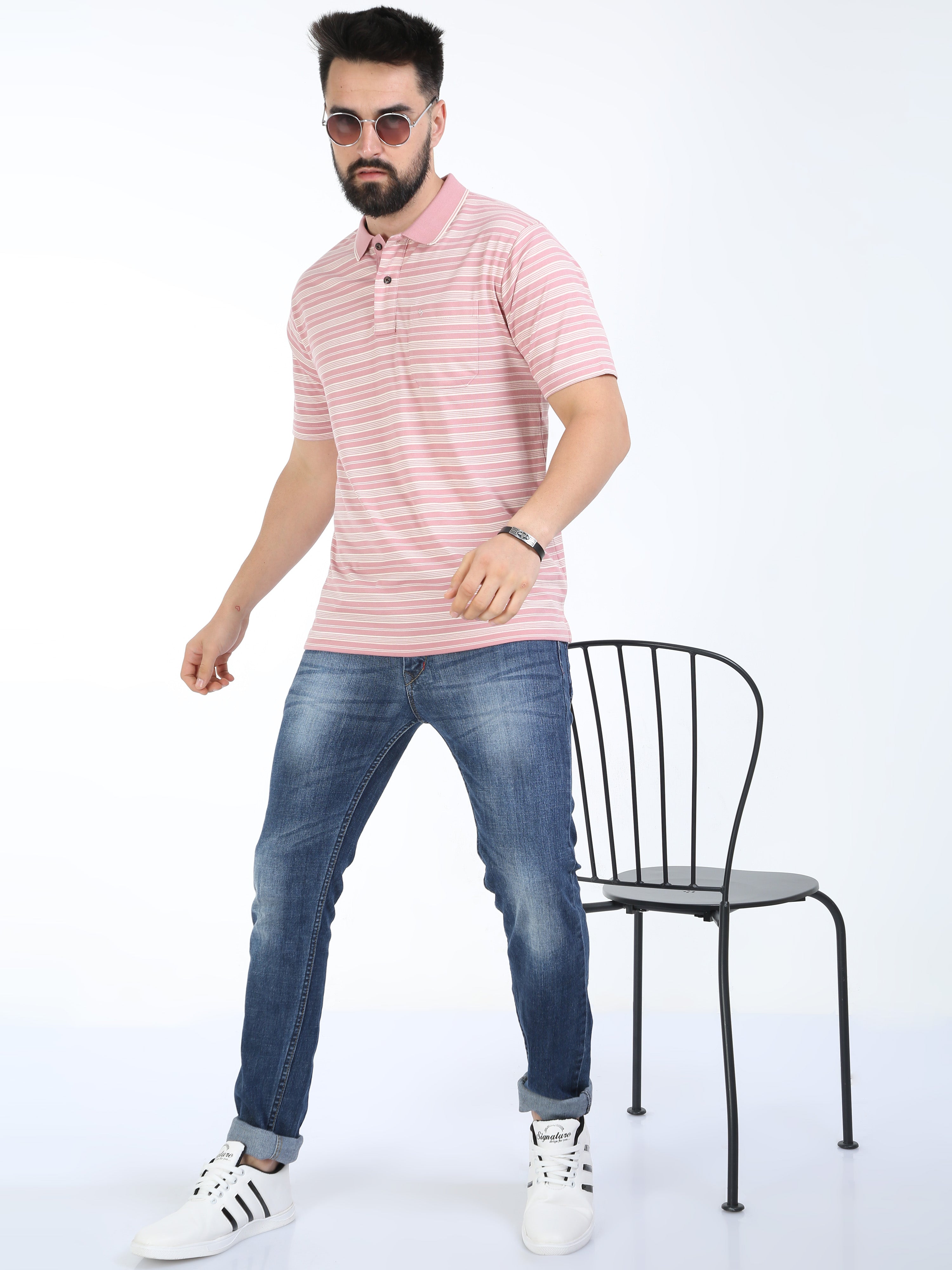 Classic Polo Mens Cotton Half Sleeves Striped Authentic Fit Polo Neck Peach Color T-Shirt | Feeders-234 B Af P