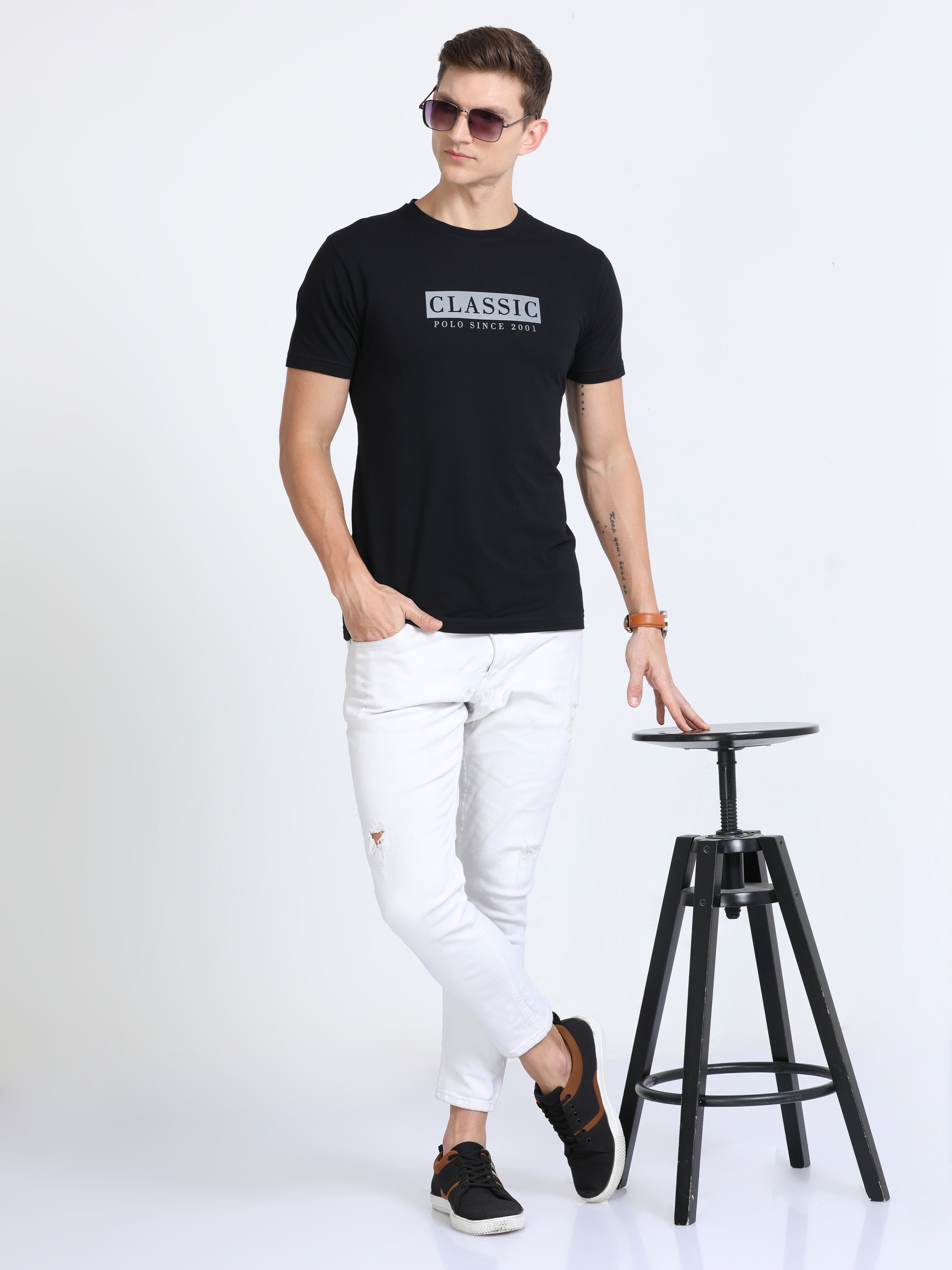 Classic Polo Mens Cotton Half Sleeves Printed Slim Fit Crew Neck Black Color T-Shirt | Baleno - 564 A Sf C