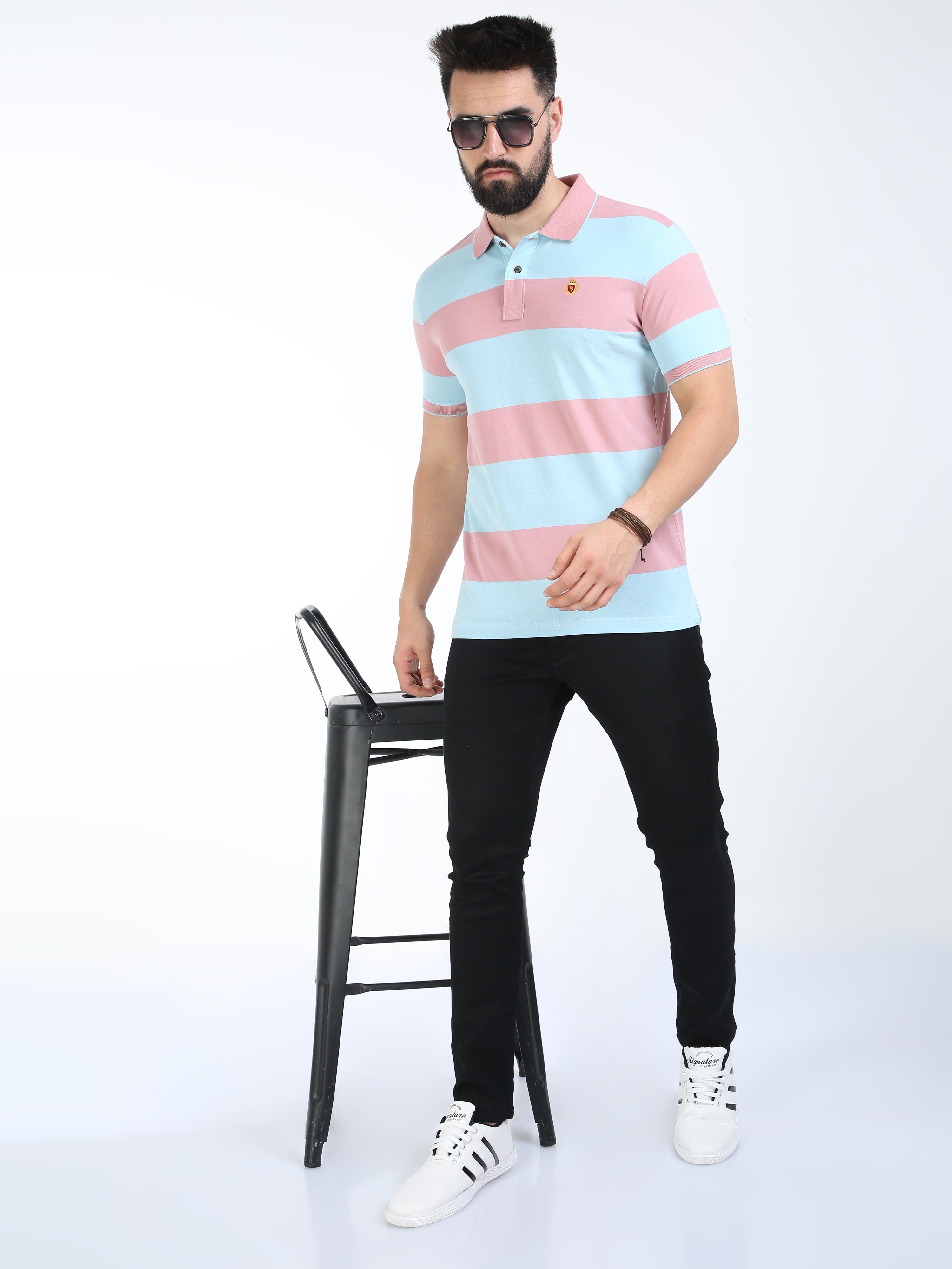 Classic Polo Mens Cotton Half Sleeves Striped Slim Fit Polo Neck Pink Color T-Shirt | Cpeg - 312 B Sf P