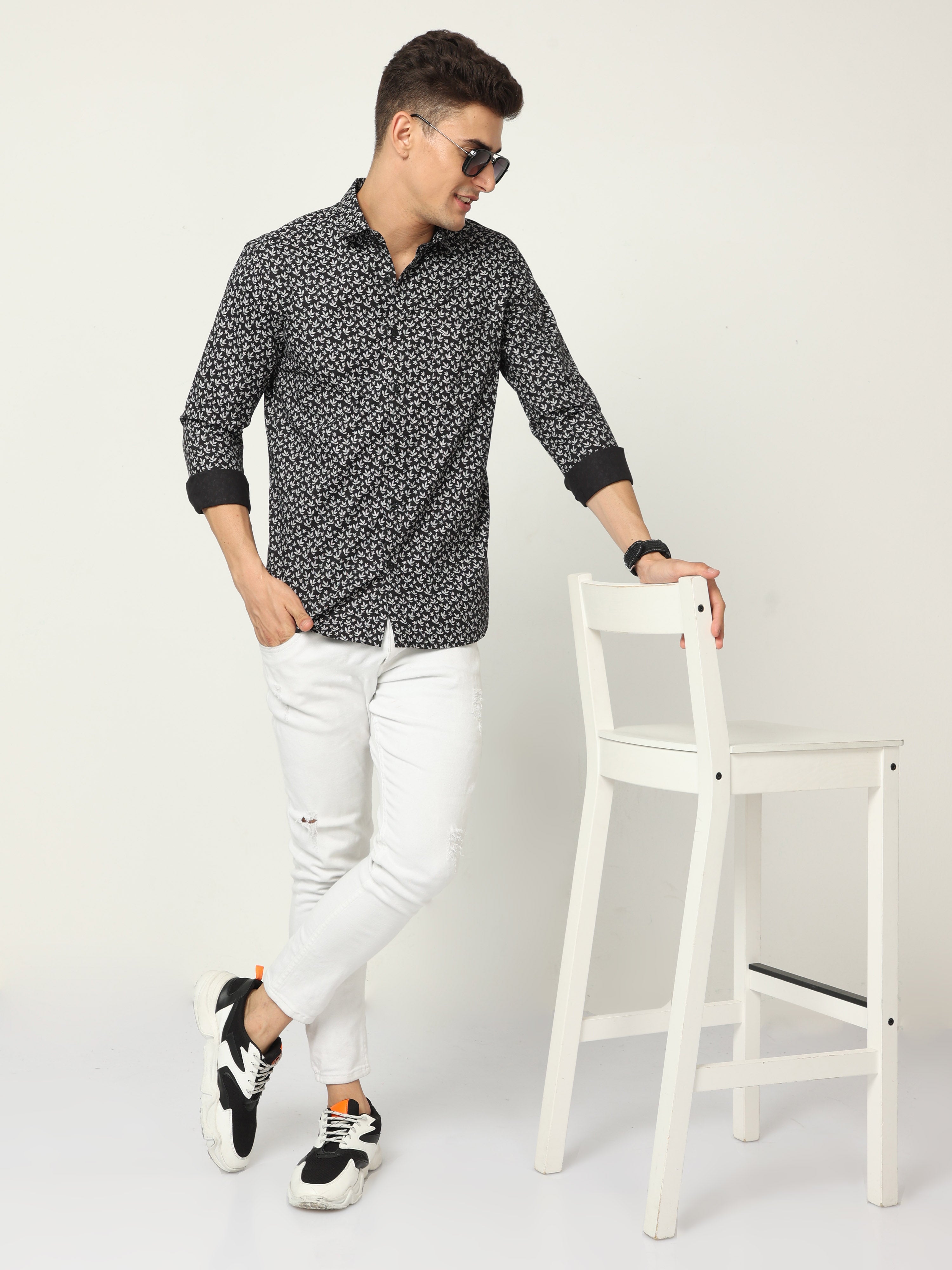 Classic Polo Mens Cotton Full Sleeve Printed Slim Fit Polo Neck Black Color Woven Shirt | SO1-169 B-FS-PRT