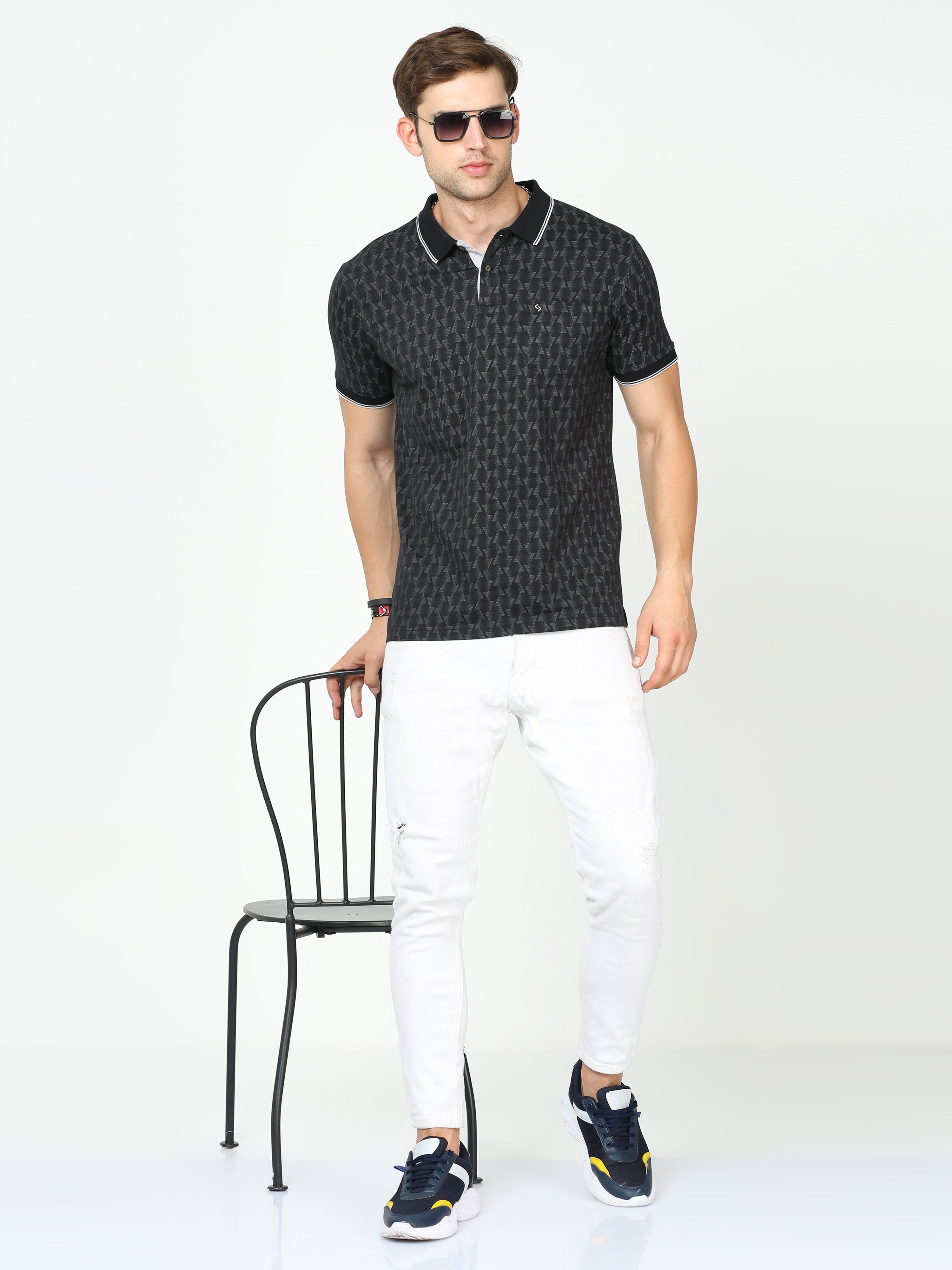 Classic Polo Mens Cotton Half Sleeves Printed Slim Fit Polo Neck Black Color T-Shirt | Bello - 230 B Sf P