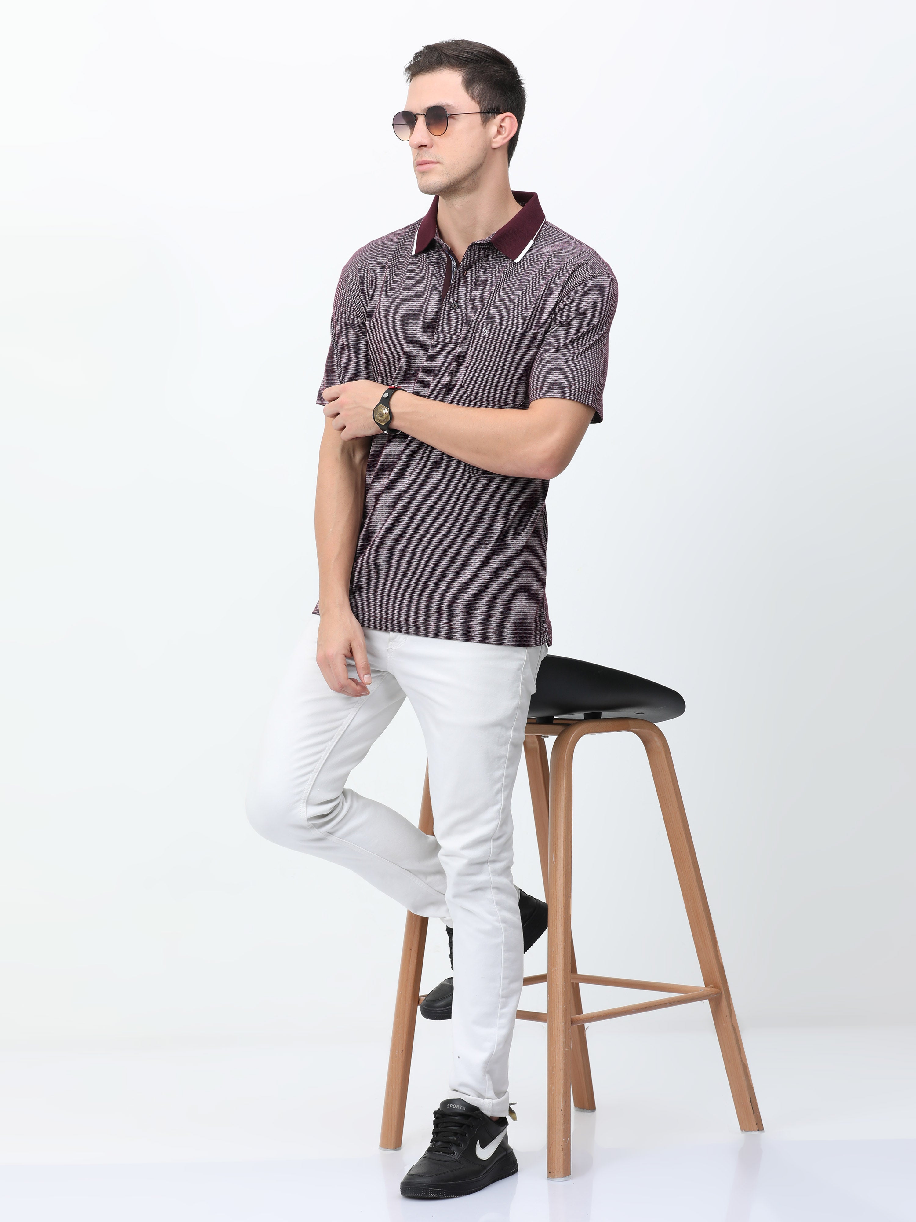 Classic Polo Mens Cotton Half Sleeves Striped Authentic Fit Polo Neck Maroon Color T-Shirt | Rare - 07 A Af P