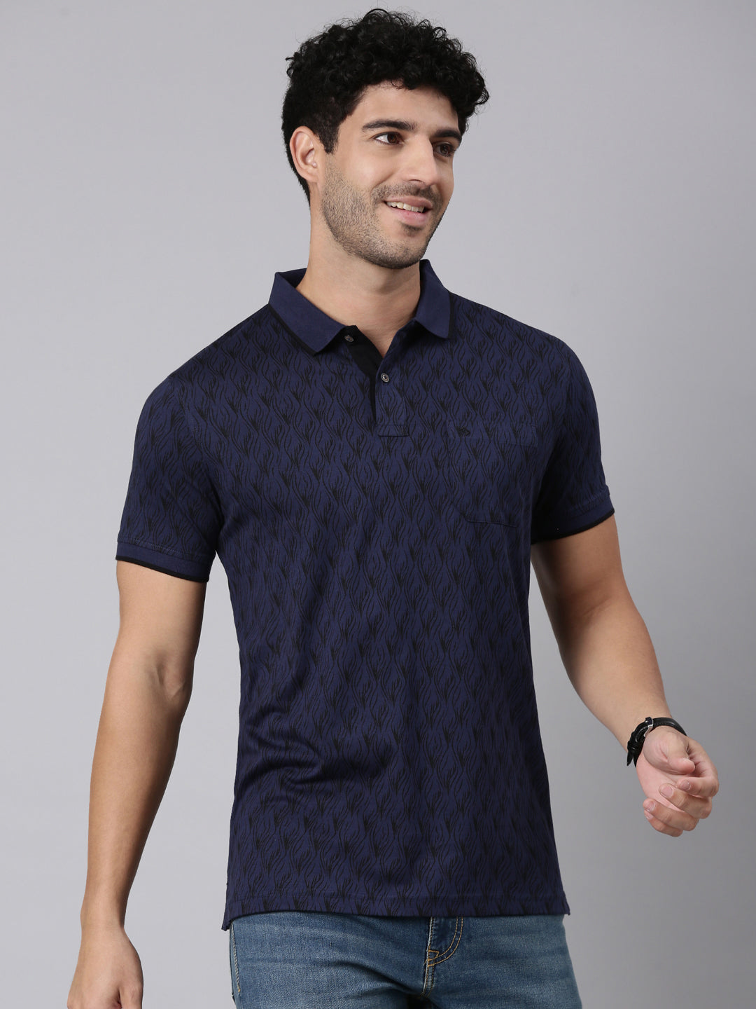 Classic Polo Men's Half Sleeve Navy Blue/Black Polo Neck Slim Fit All-Over Print Cotton T-Shirt | LTS-AOP - 128 A SF P