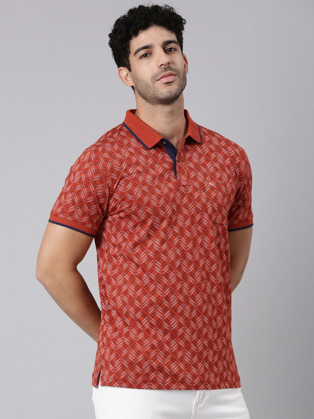 Classic Polo Men's Half Sleeve Rust Polo Neck Slim Fit All-Over Print Cotton T-Shirt | BELLO - 399 A SF P