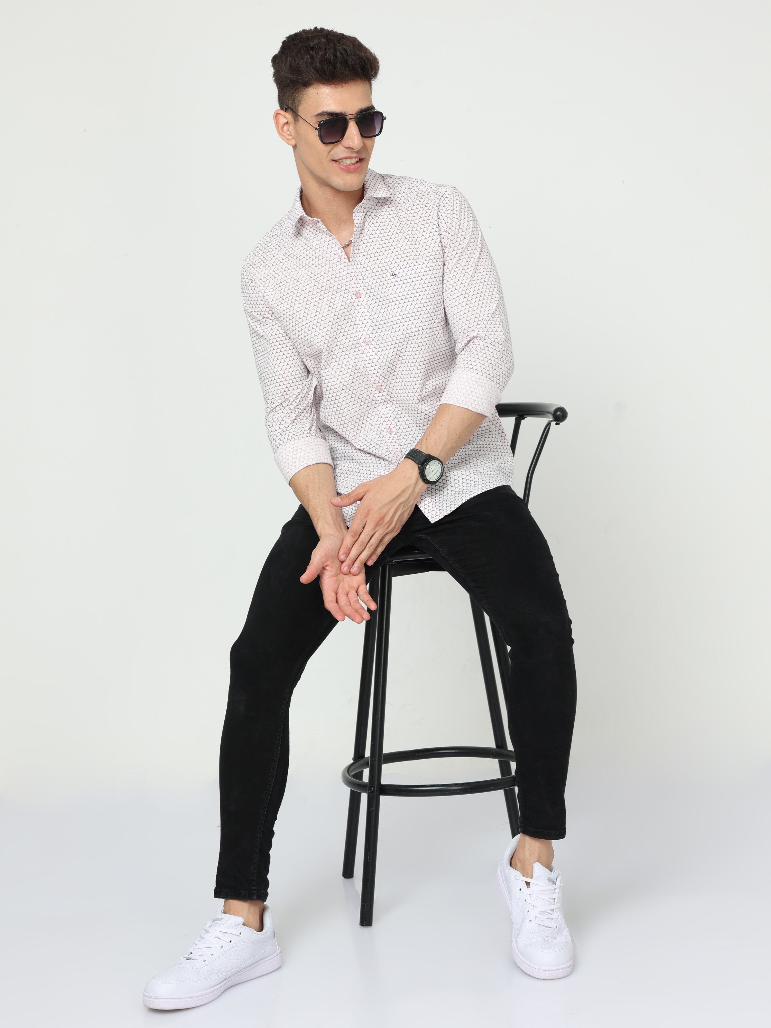 Classic Polo Men's Cotton Full Sleeve Printed Slim Fit Polo Neck Pink Color Woven Shirt | So1-147 A