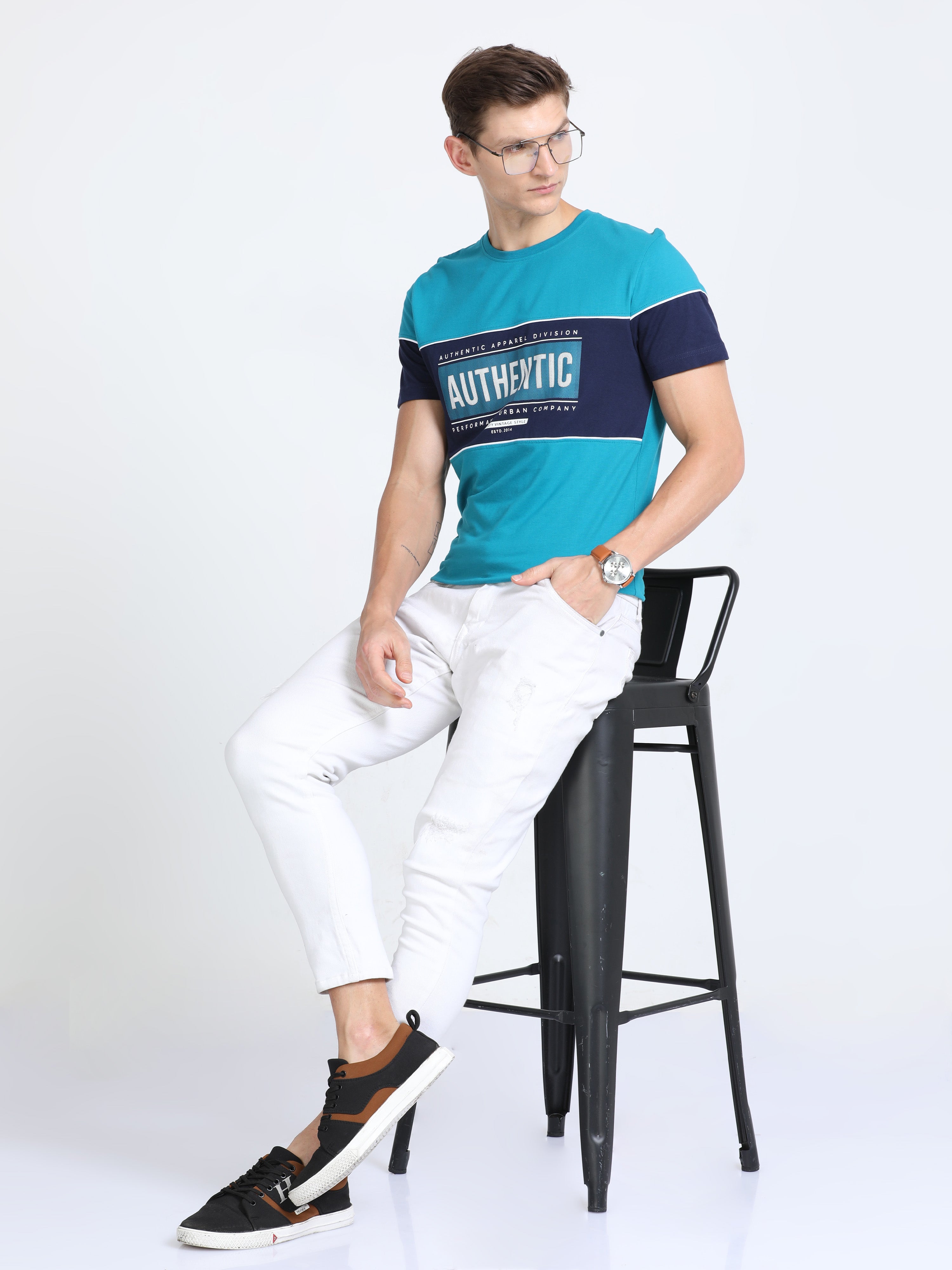Classic Polo Mens Cotton Half Sleeves Color Blocked Slim Fit Crew Neck Tourquise Color T-Shirt | Brcn - 548 A Sf C