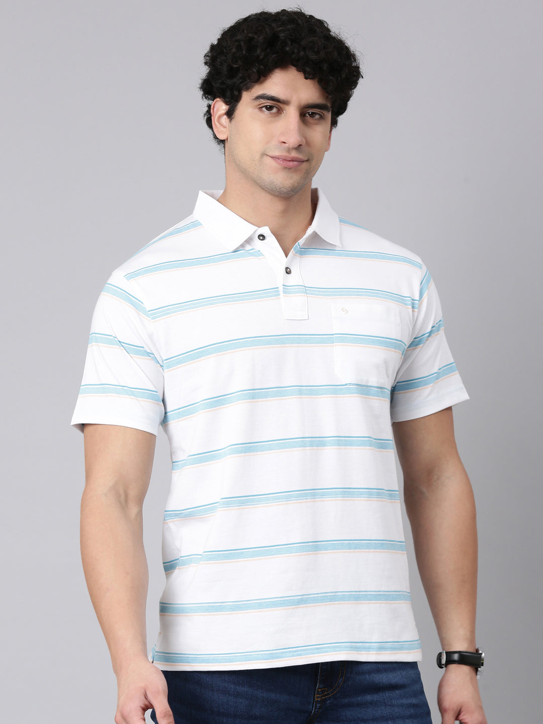 Classic Polo Men's Half Sleeve White/Blue Polo Neck Authentic Fit Striped Cotton Blend T-Shirt | AVON - 647 A AF P