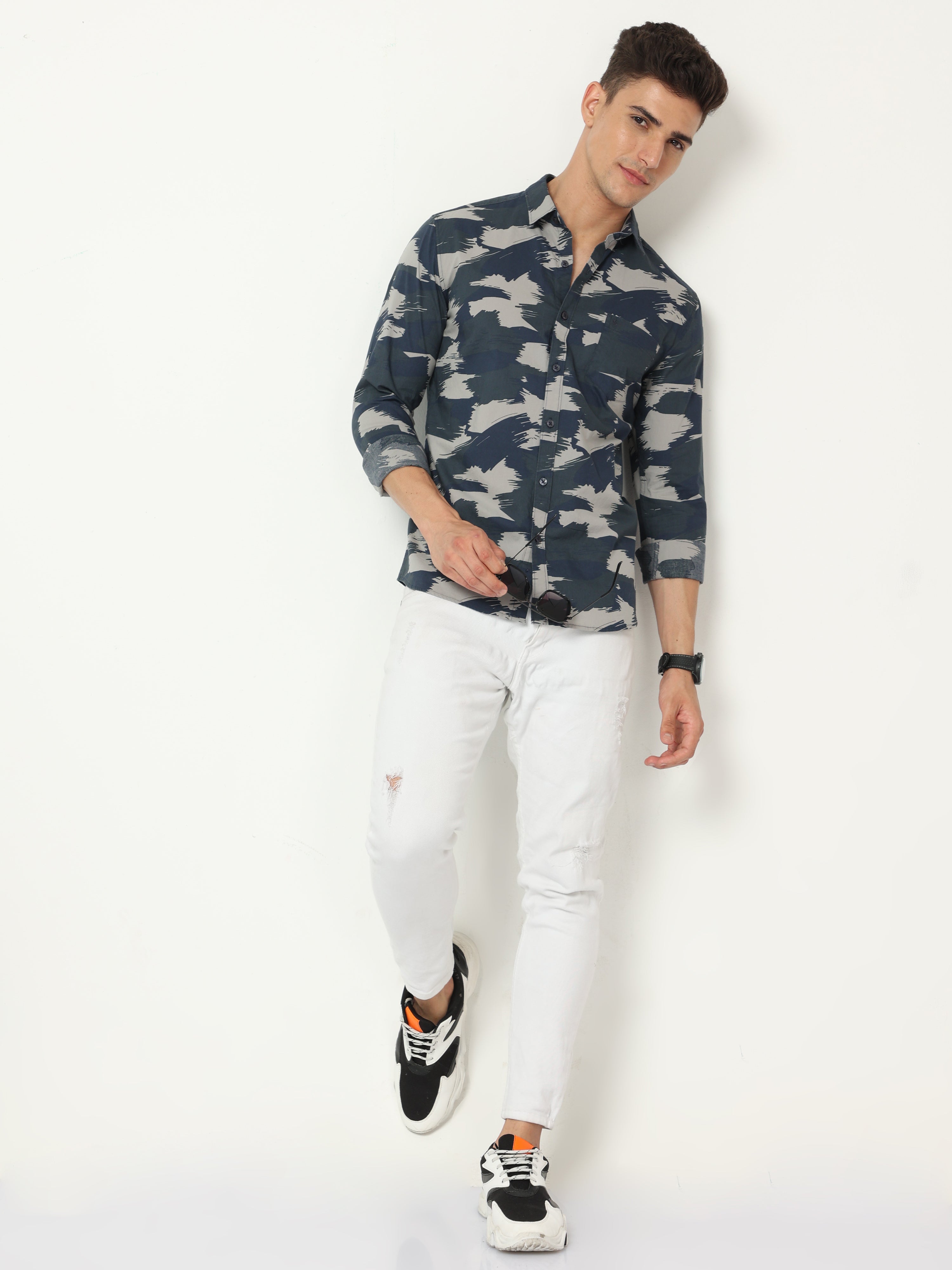 Classic Polo Mens Cotton Full Sleeve Printed Slim Fit Polo Neck Multicolor Woven Shirt | SO1-155 B-FS-PRT