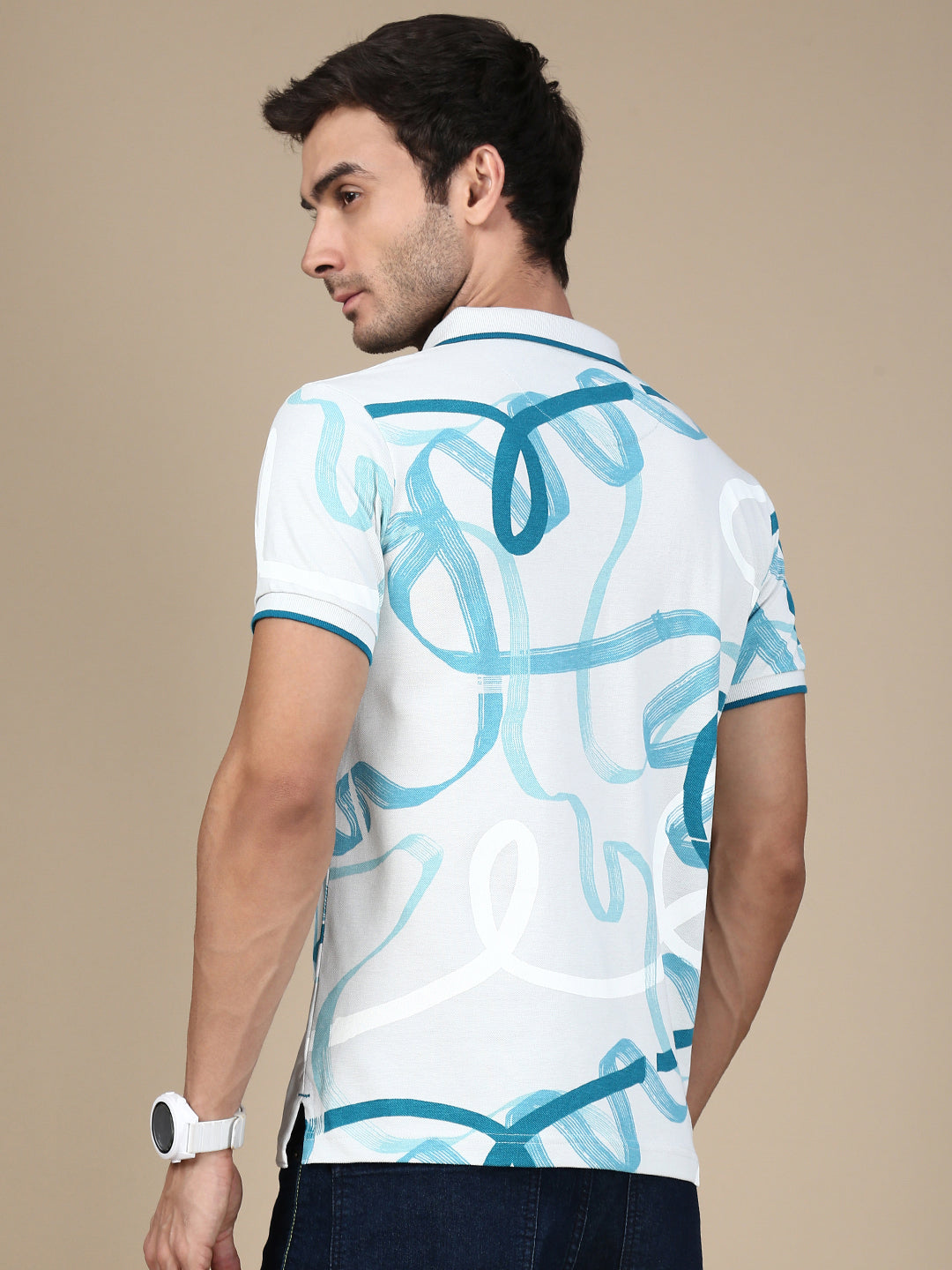 Classic Polo Men's Half Sleeve White/Blue Polo Neck Slim Fit All Over Print T-Shirt||GEN-X-POLO 32 A SF P