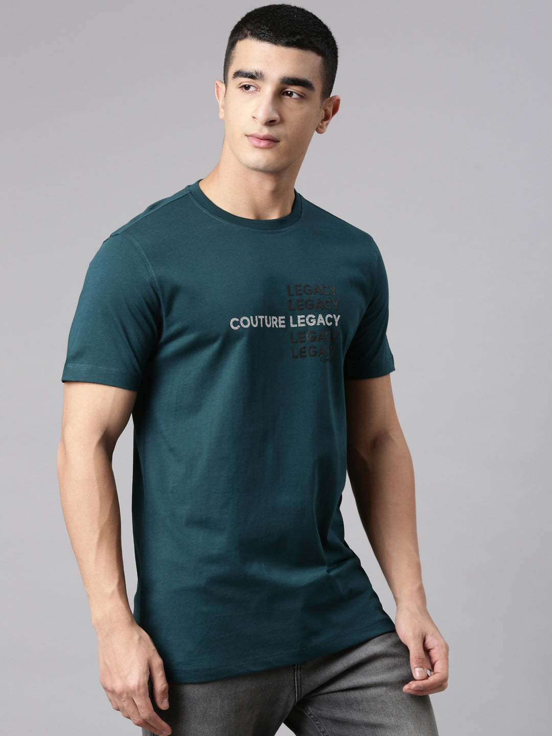 Classic Polo Men's Half Sleeve Teal Green Crew Neck Slim Fit Printed Cotton T-Shirt | BALENO - 635 B SF C