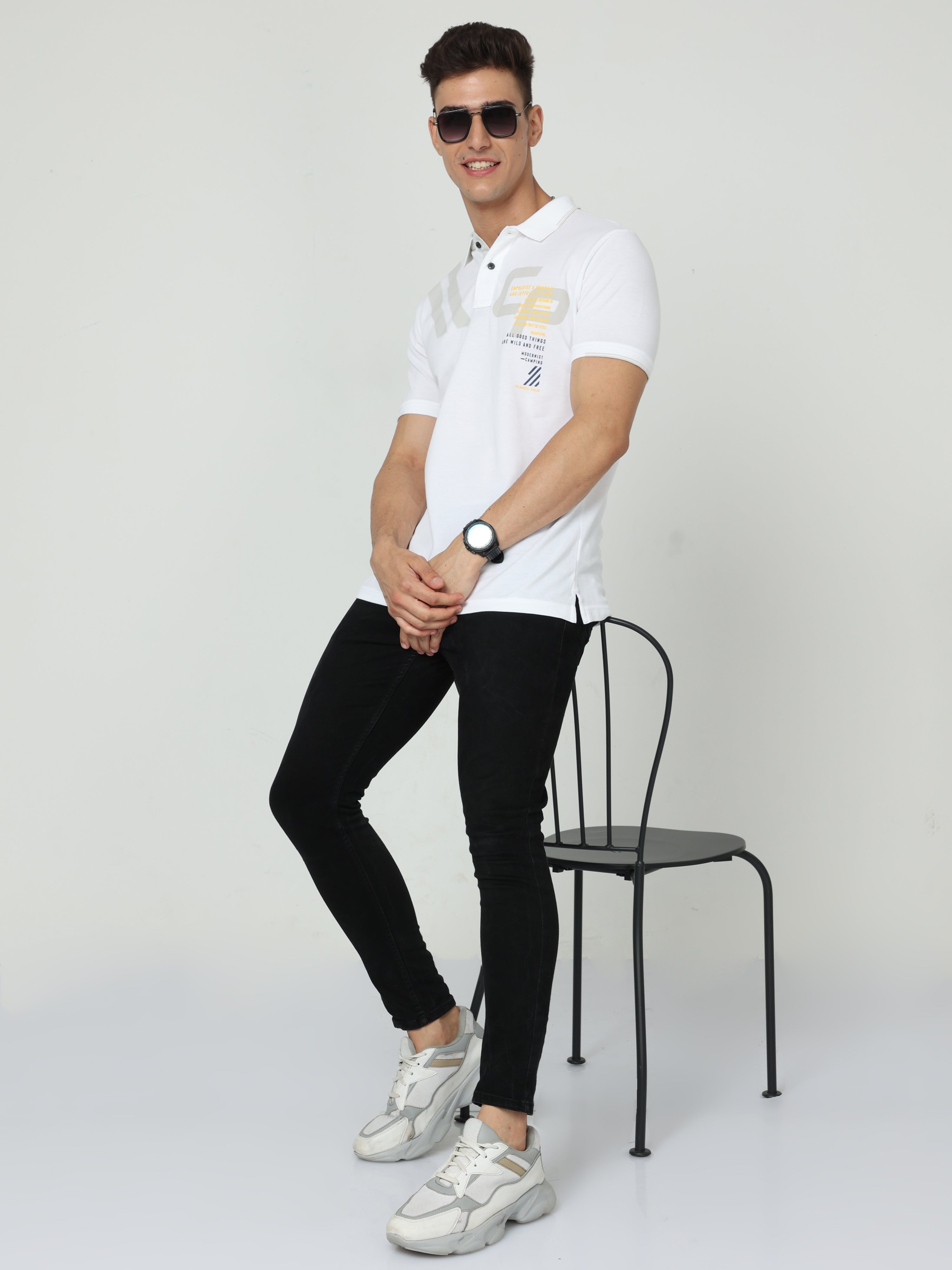 Classic Polo Mens Pure Cotton Half Sleeve Printed Slim Fit Polo Neck White Color T Shirt | Vivid Polo - 02 A