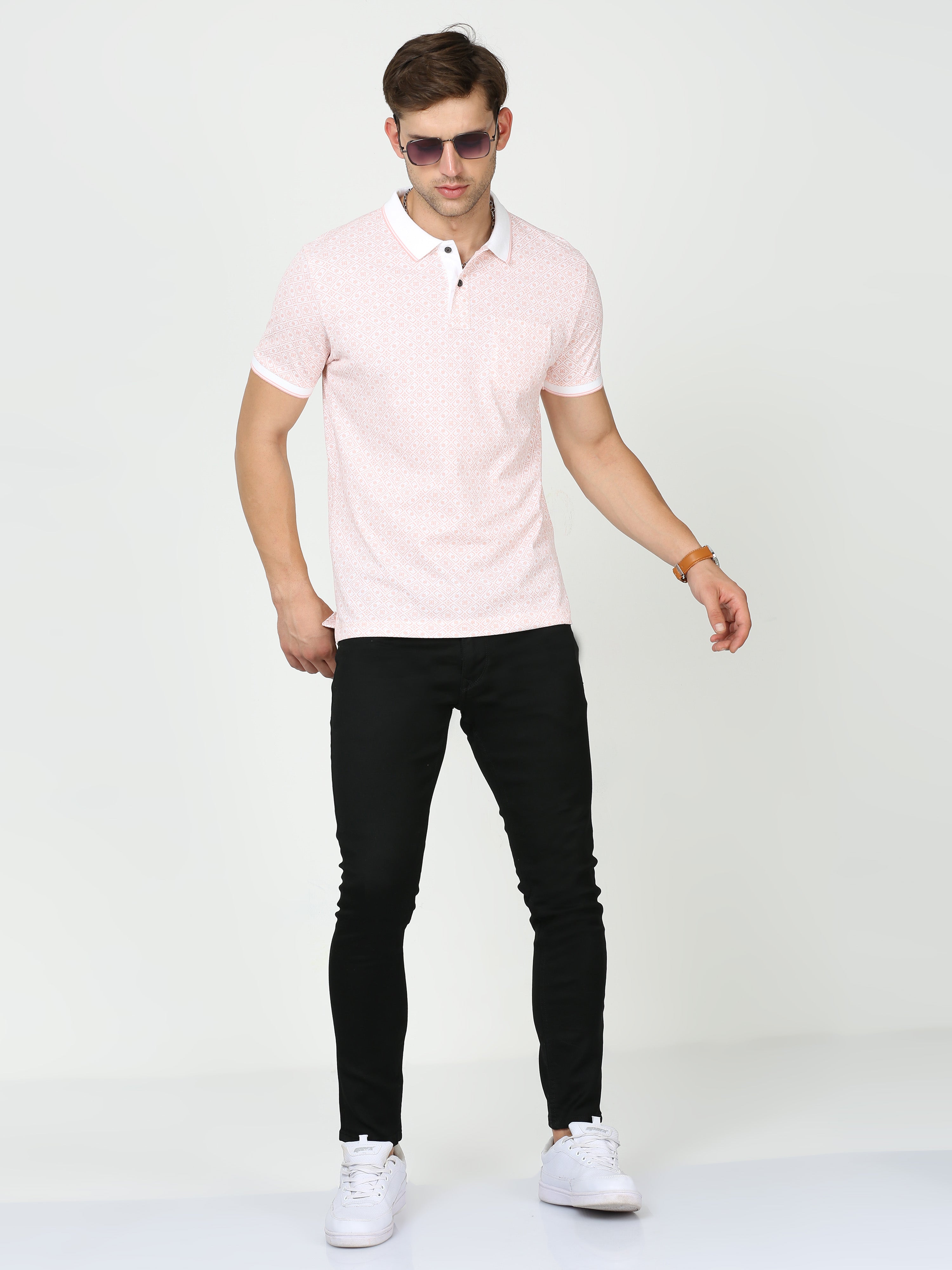 Classic Polo Mens Pure Cotton Half Sleeves Floral Slim Fit Polo Neck Pink Color T-Shirt | Beau - 211 B Sf P