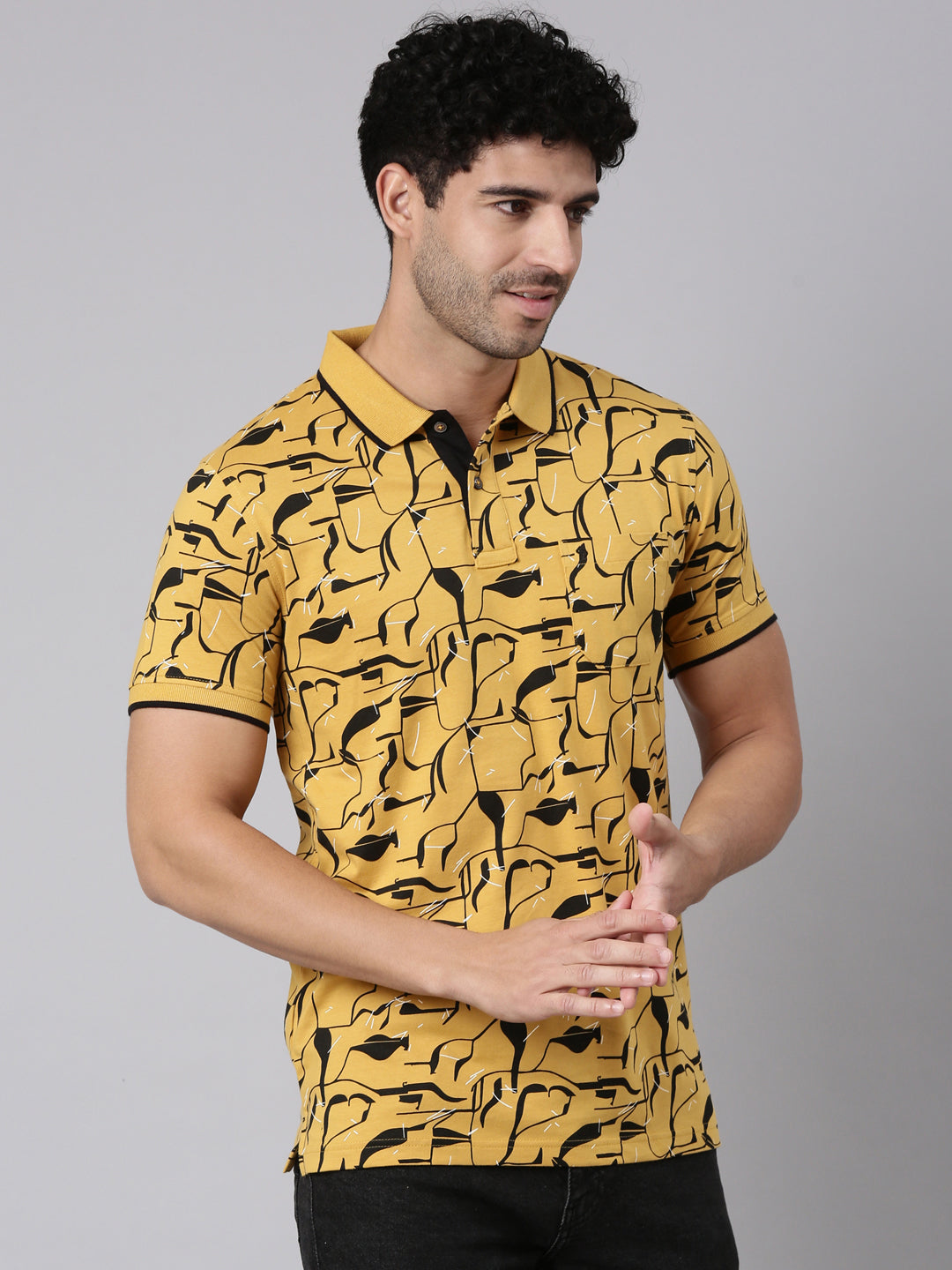 Classic Polo Men's Half Sleeve Yellow/Black Polo Neck Slim Fit All-Over Print Cotton T-Shirt | BELLO - 407 A SF P